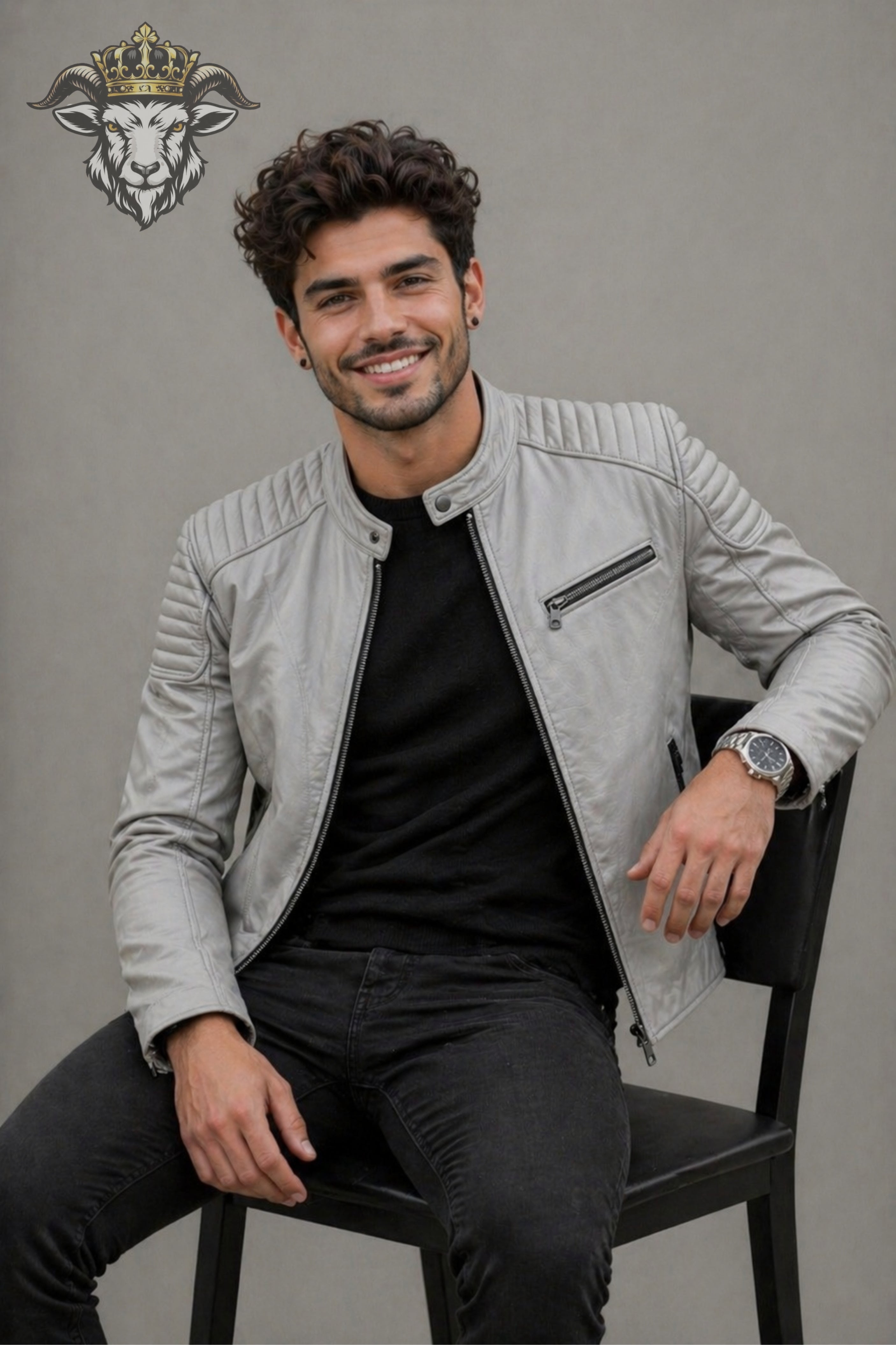 Men’s Light Grey Real Leather Roadster Jacket