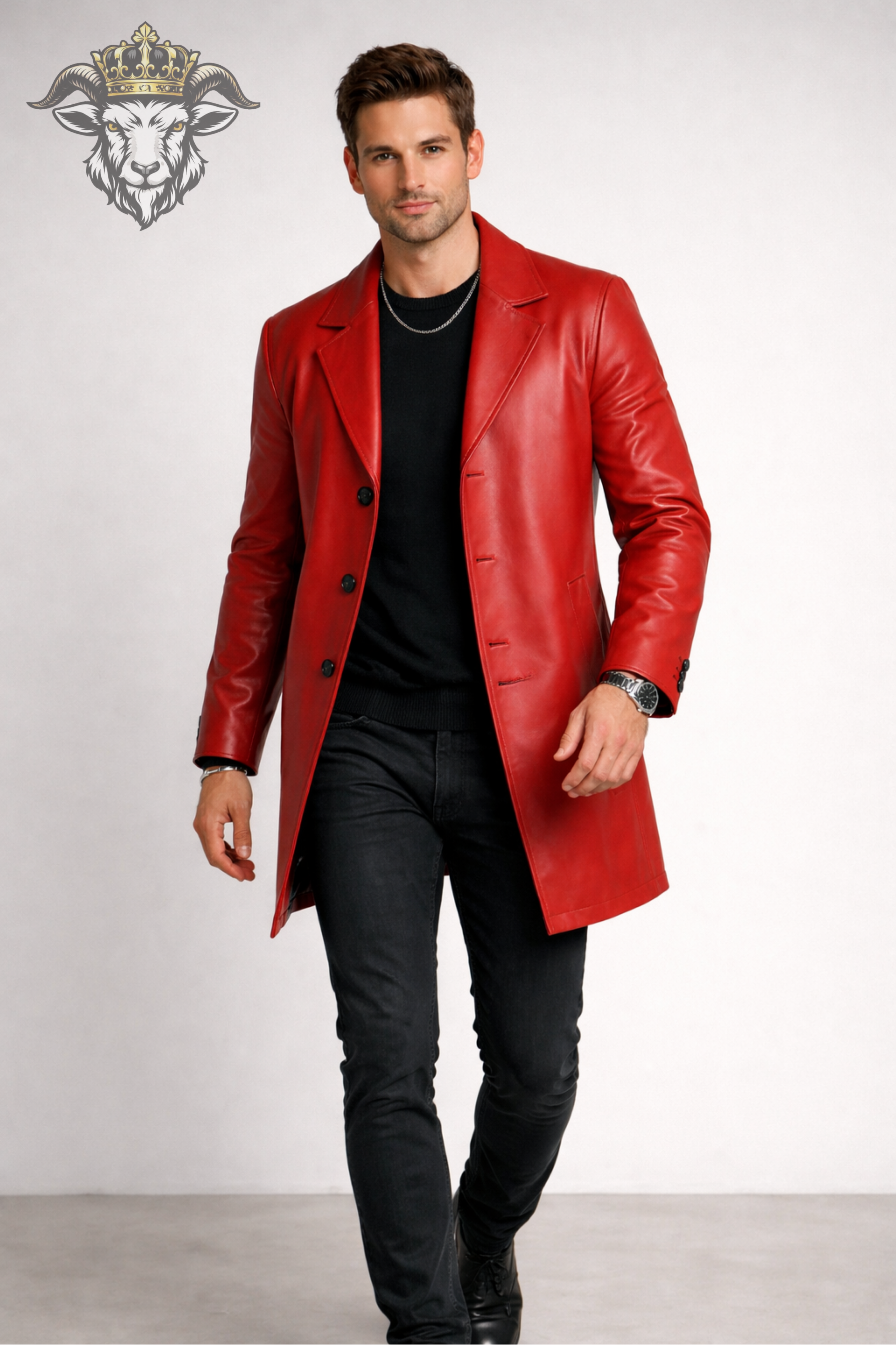 Men’s Red Real Leather Coat – Mid-Thigh Length Premium Matte Leather Jacket with Wide Lapel & Tailored Fit