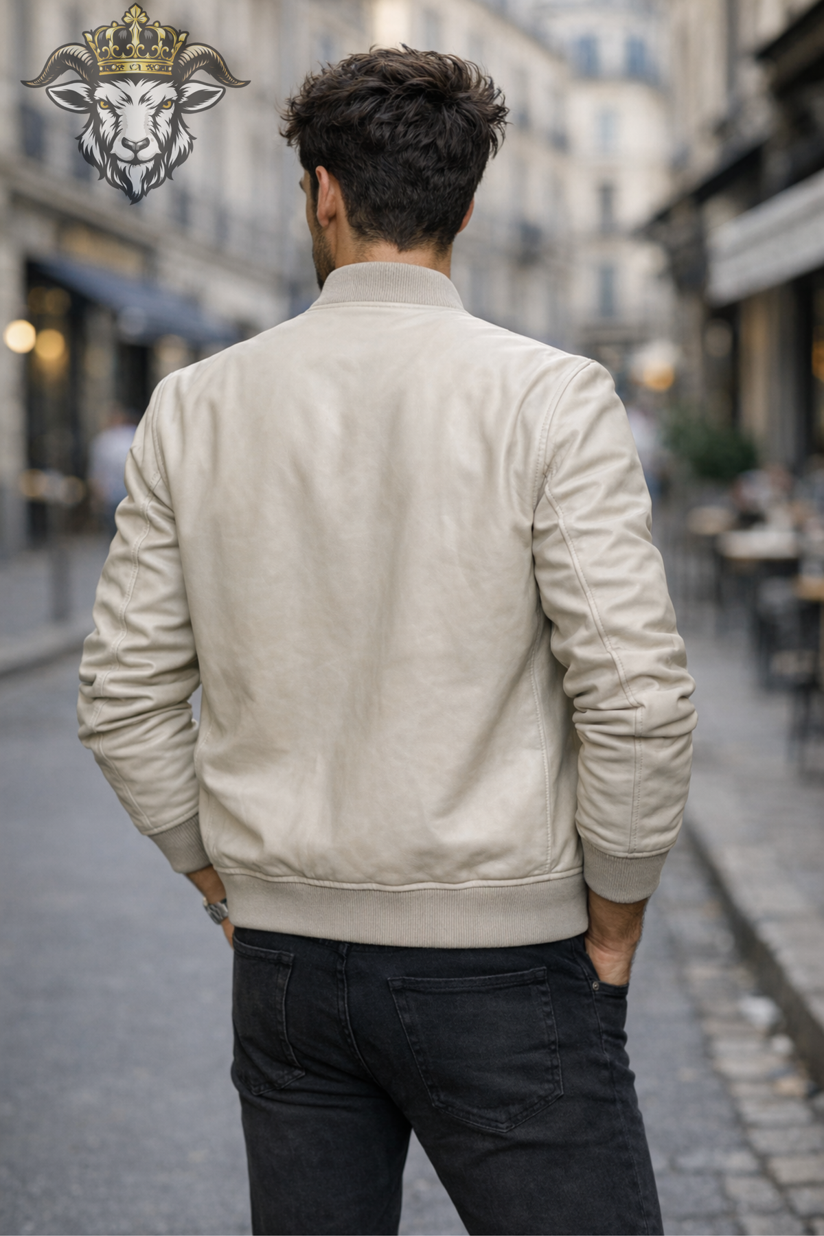 Men's Cream Real Leather Bomber Jacket, Ribbed Collar Zip-Up Jacket, Minimalist Beige Streetwear Outerwear, Casual Moto Jacket