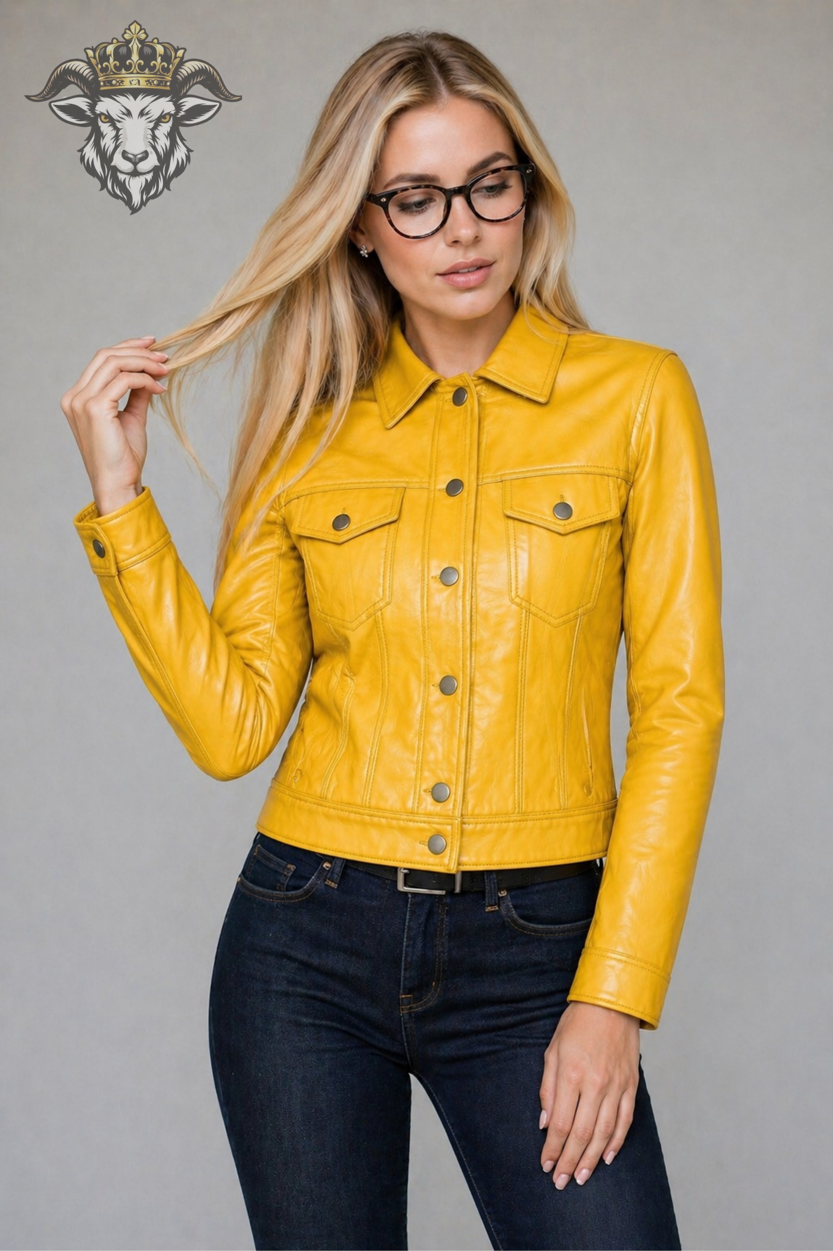 Women’s Yellow Real Leather Trucker Jacket