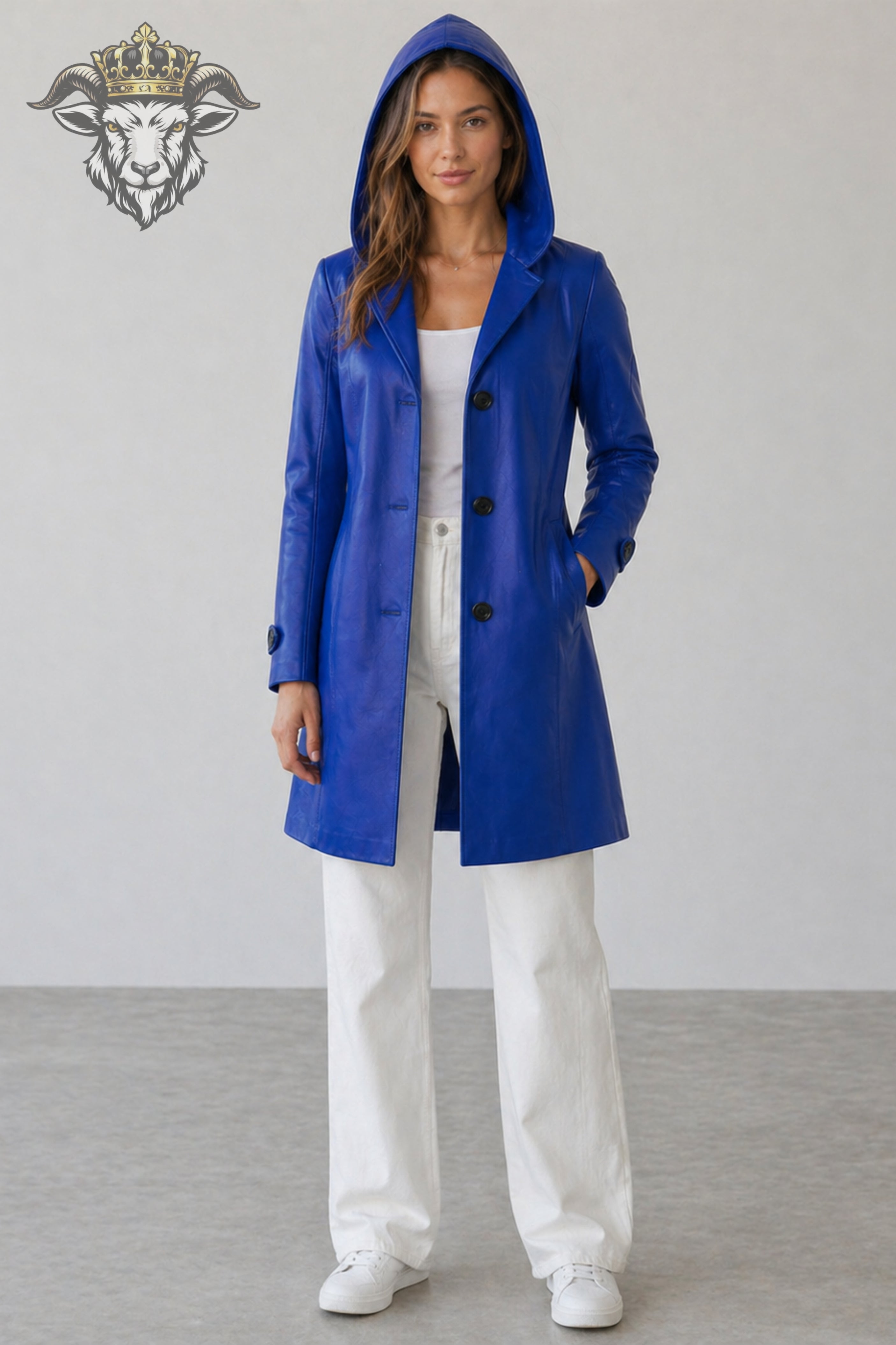 Women’s Royal Blue Real Leather Hooded Coat