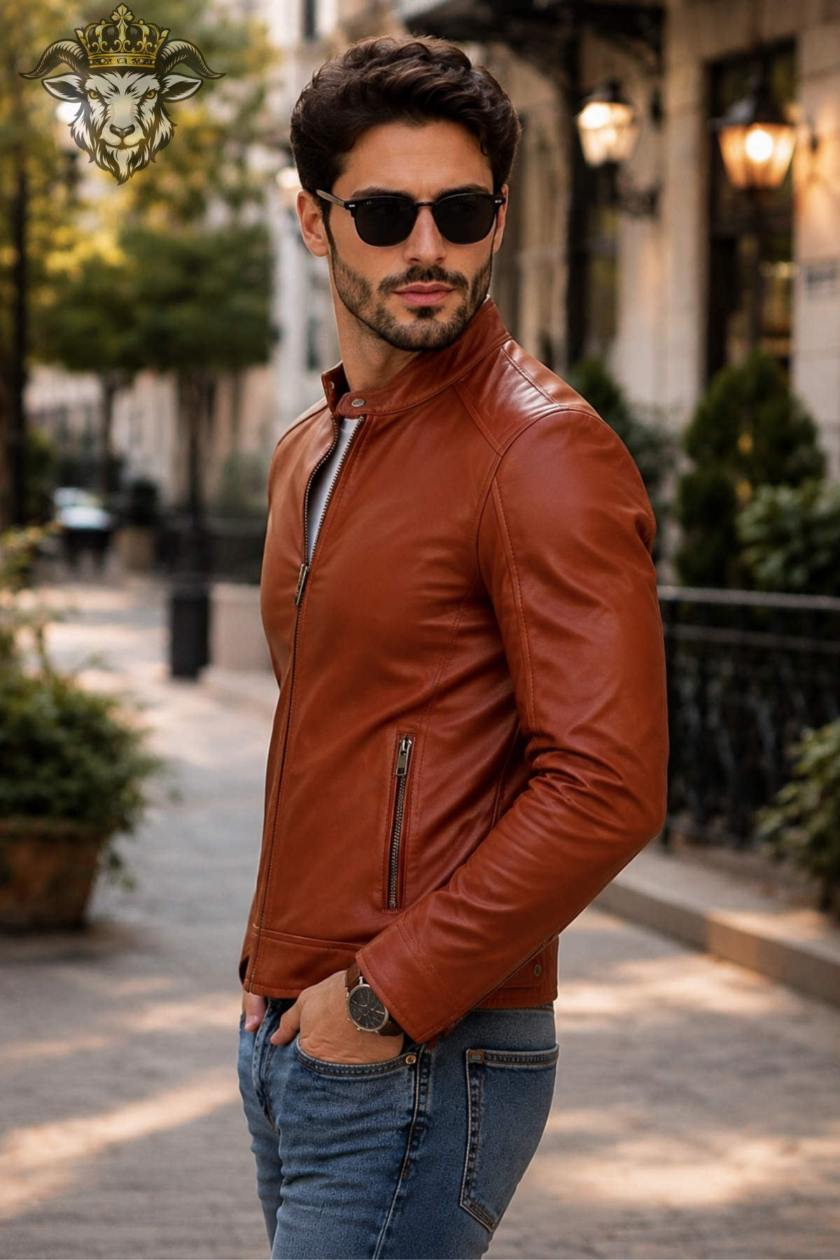 Men's Cognac Brown Leather Jacket – Slim Fit Biker Jacket, Stand Collar Moto Jacket, Casual Men's Leather Coat