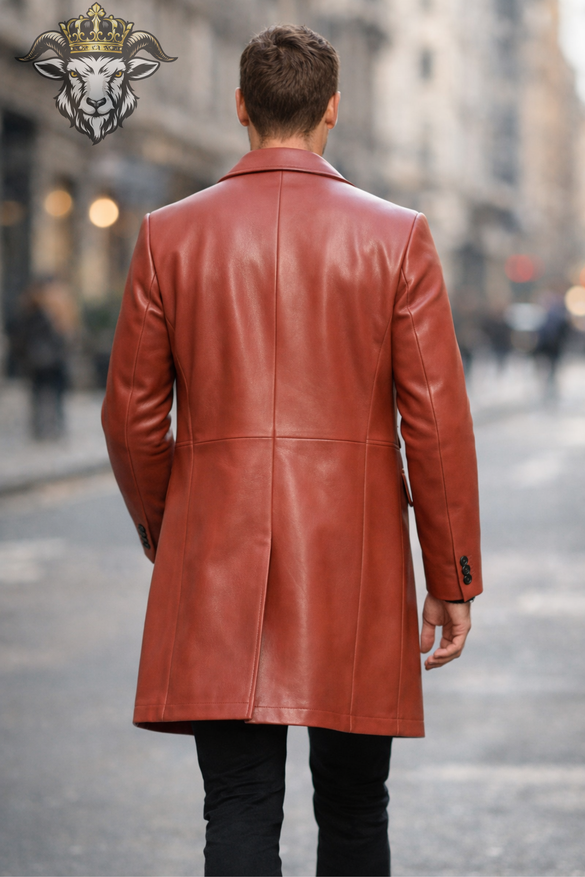 Men's Red Leather Coat, Tailored Mid-Thigh Jacket, 3 Button Blazer Style Outerwear, Sharp Lapel Long Leather Coat, Modern Men's Fashion