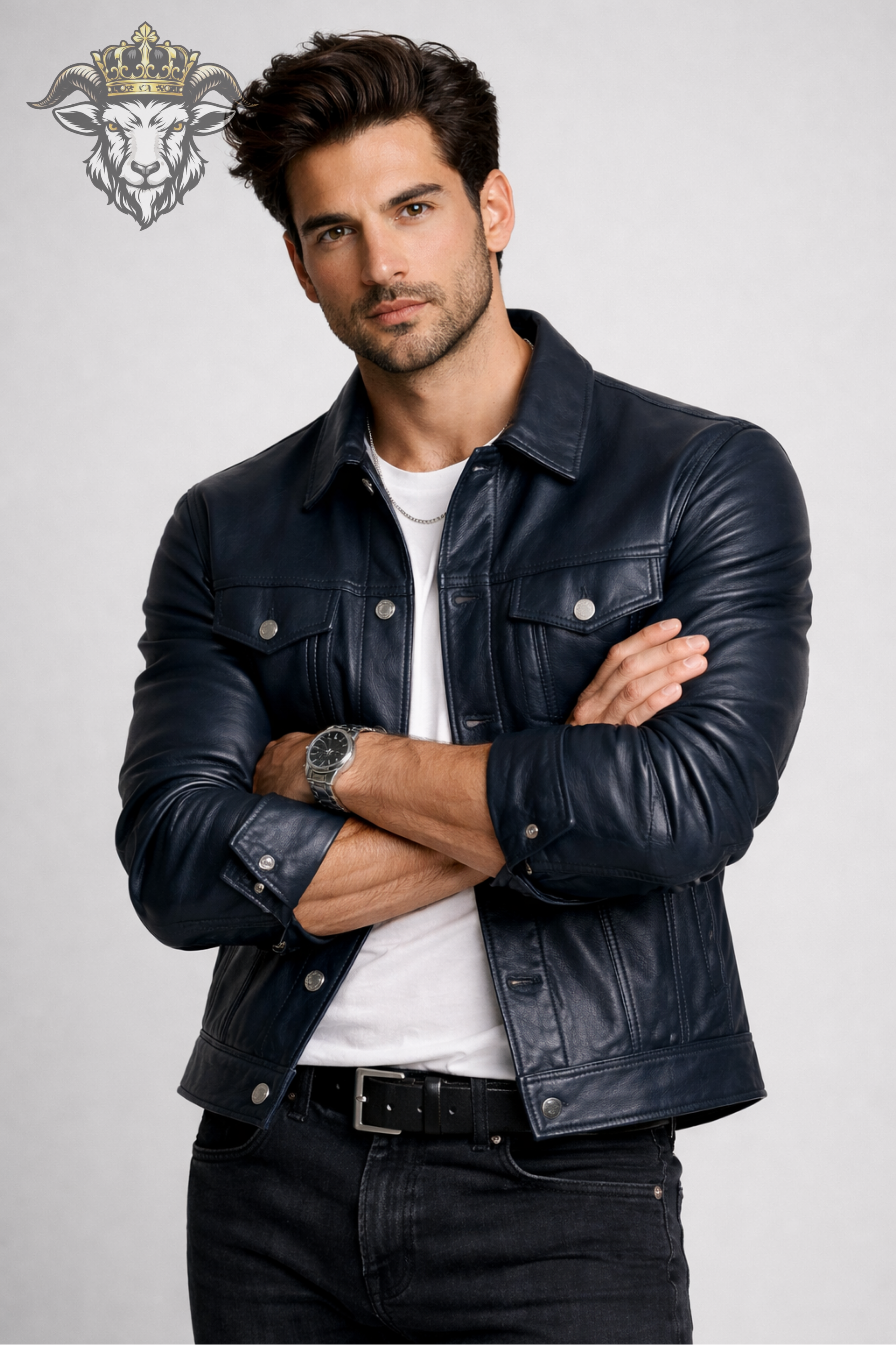 Men’s Navy Blue Real Leather Trucker Jacket