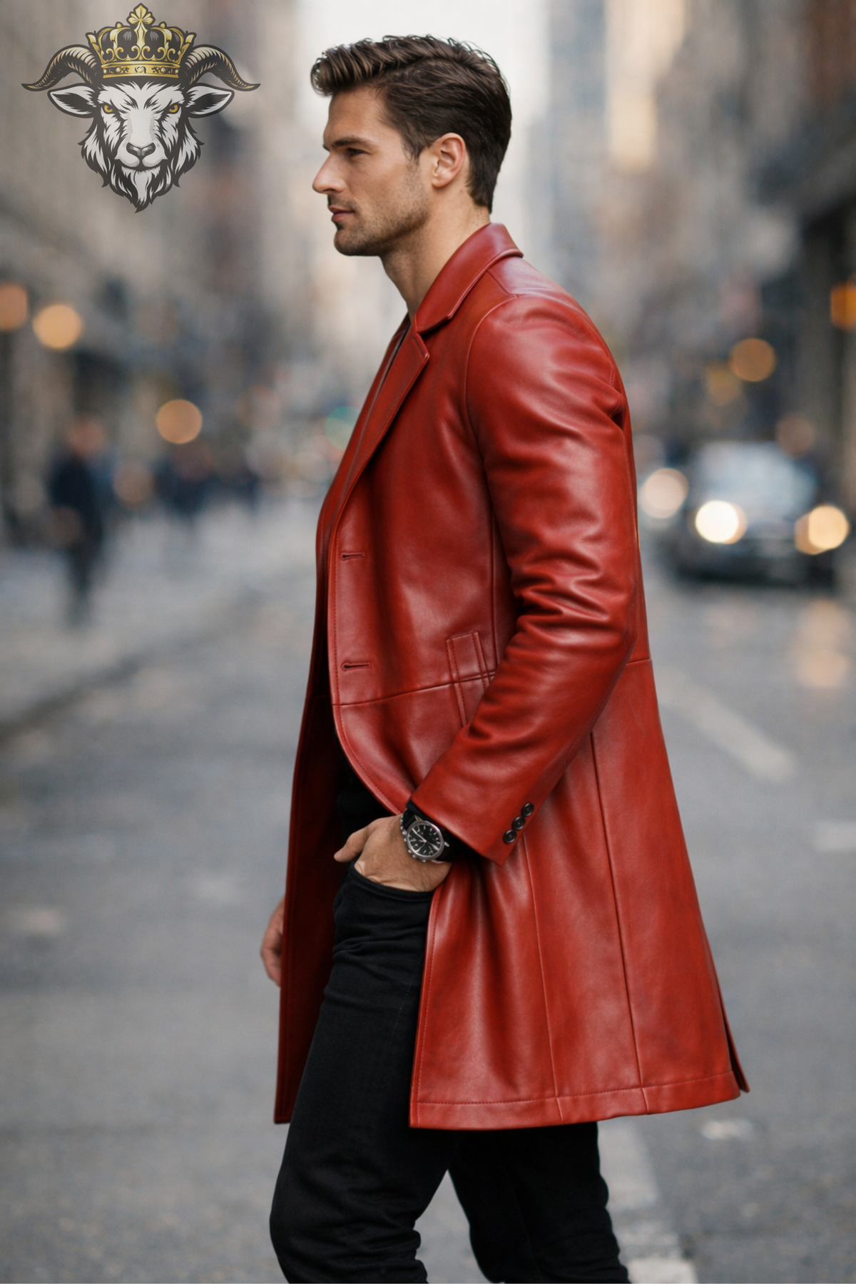 Men's Red Real Leather Coat, Mid-Thigh 3 Button Leather Overcoat, Slim Tailored Lapel Jacket, Modern Men's Winter Outerwear