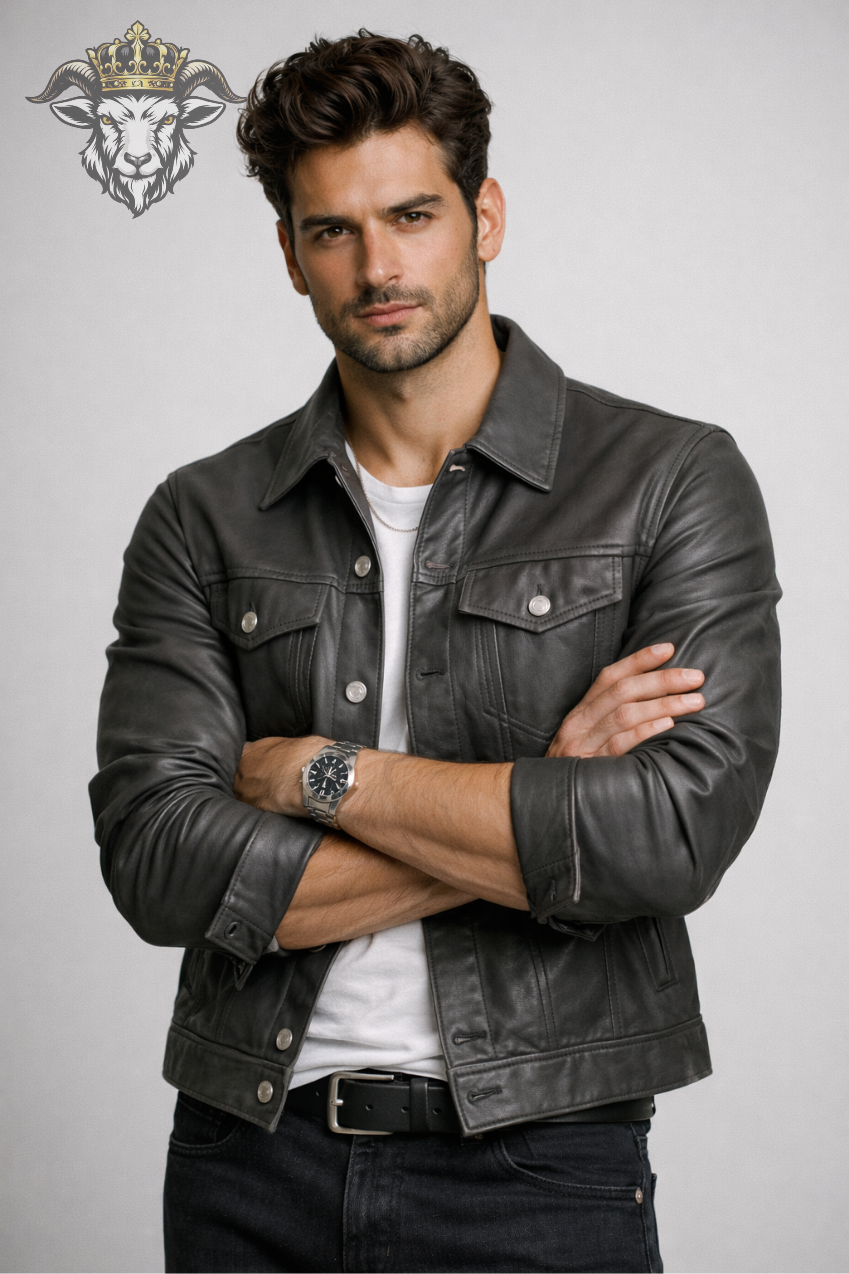 Men’s Grey Real Leather Trucker Jacket