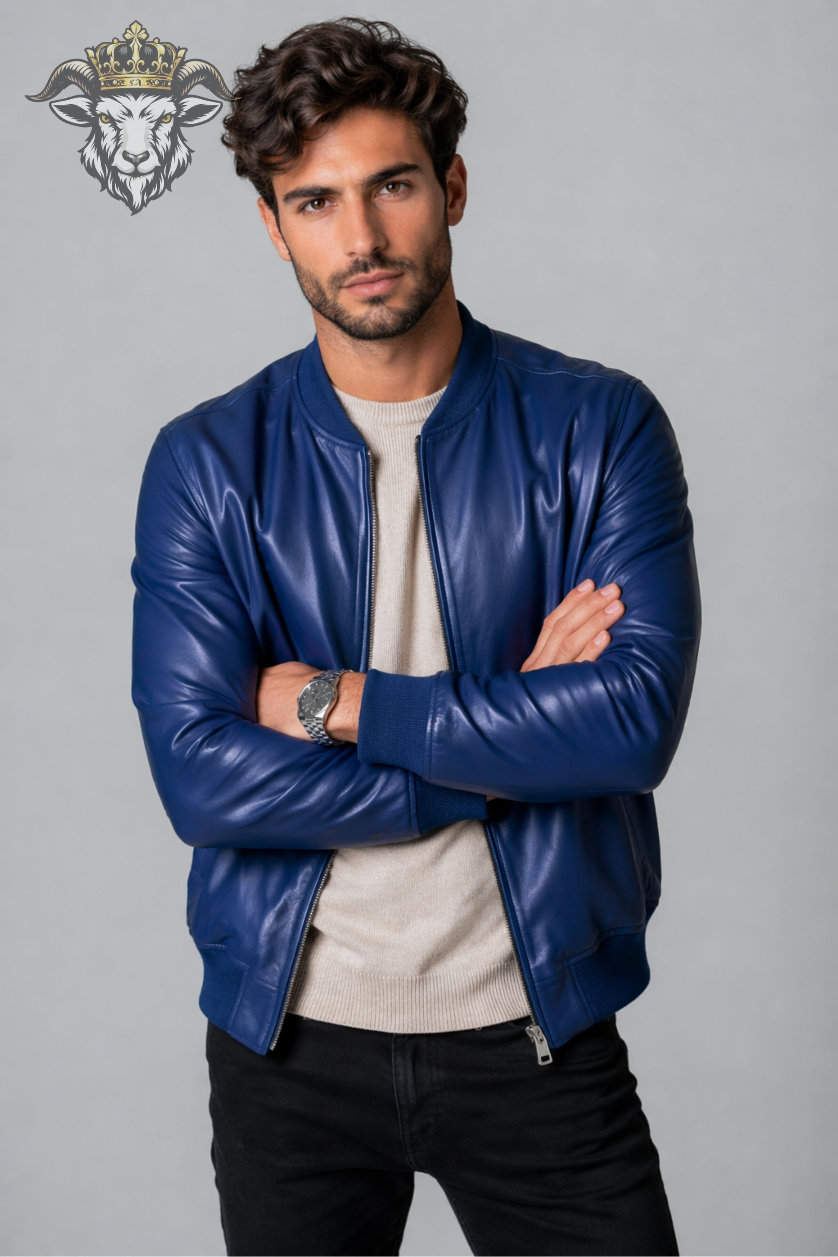 Men’s Royal Blue Real Leather Bomber Jacket