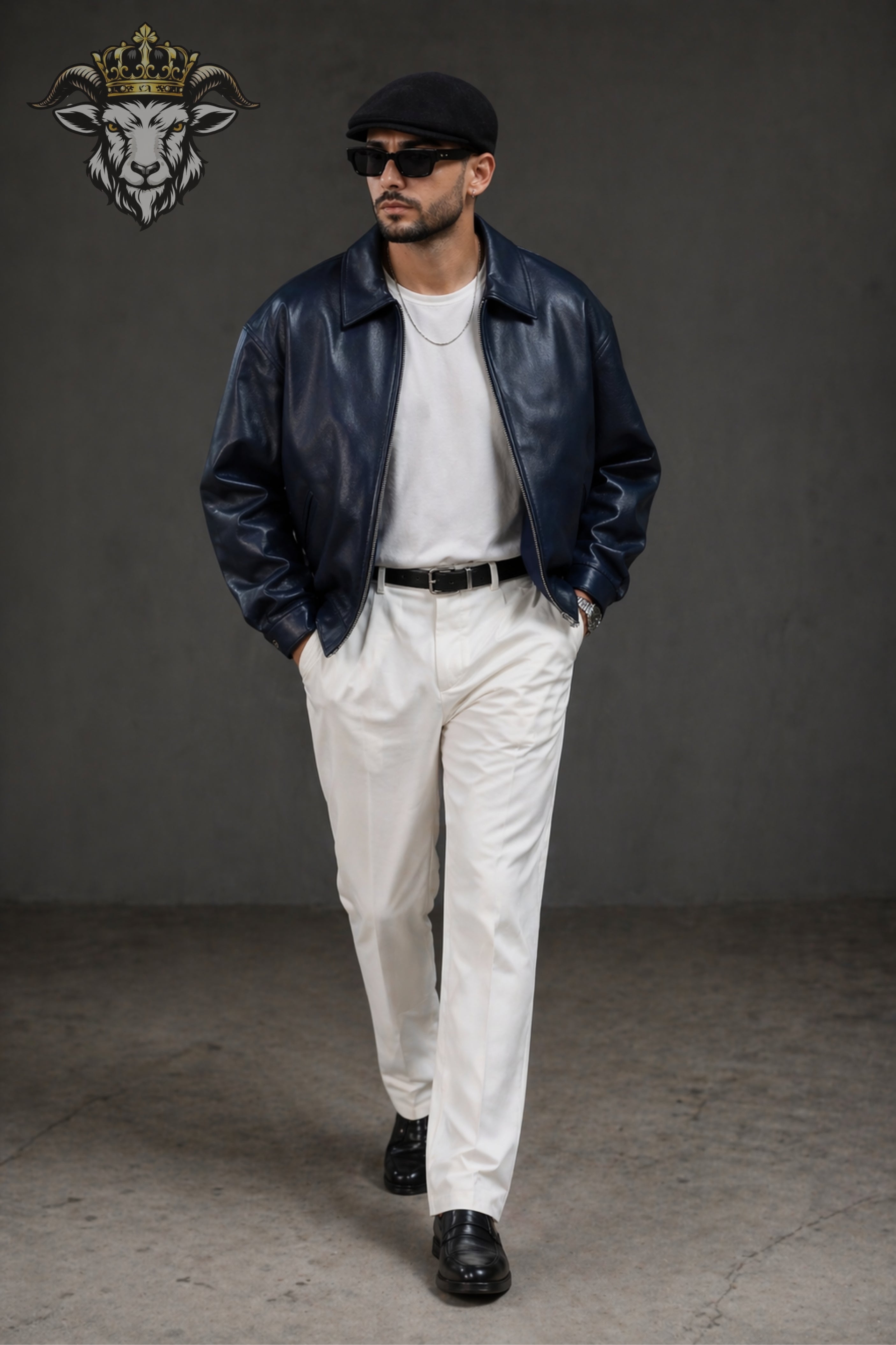 Men’s Navy Blue Oversize Real Leather Bomber Jacket