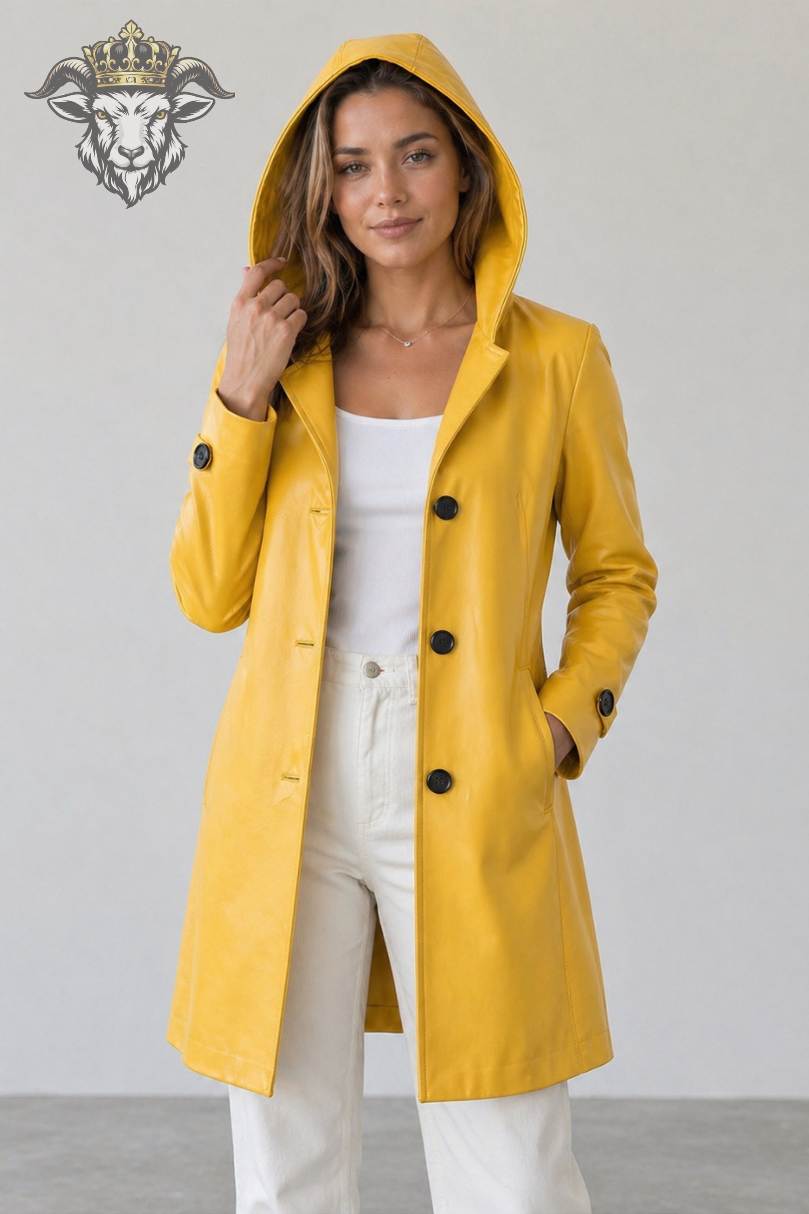Women’s Yellow Real Leather Hooded Coat