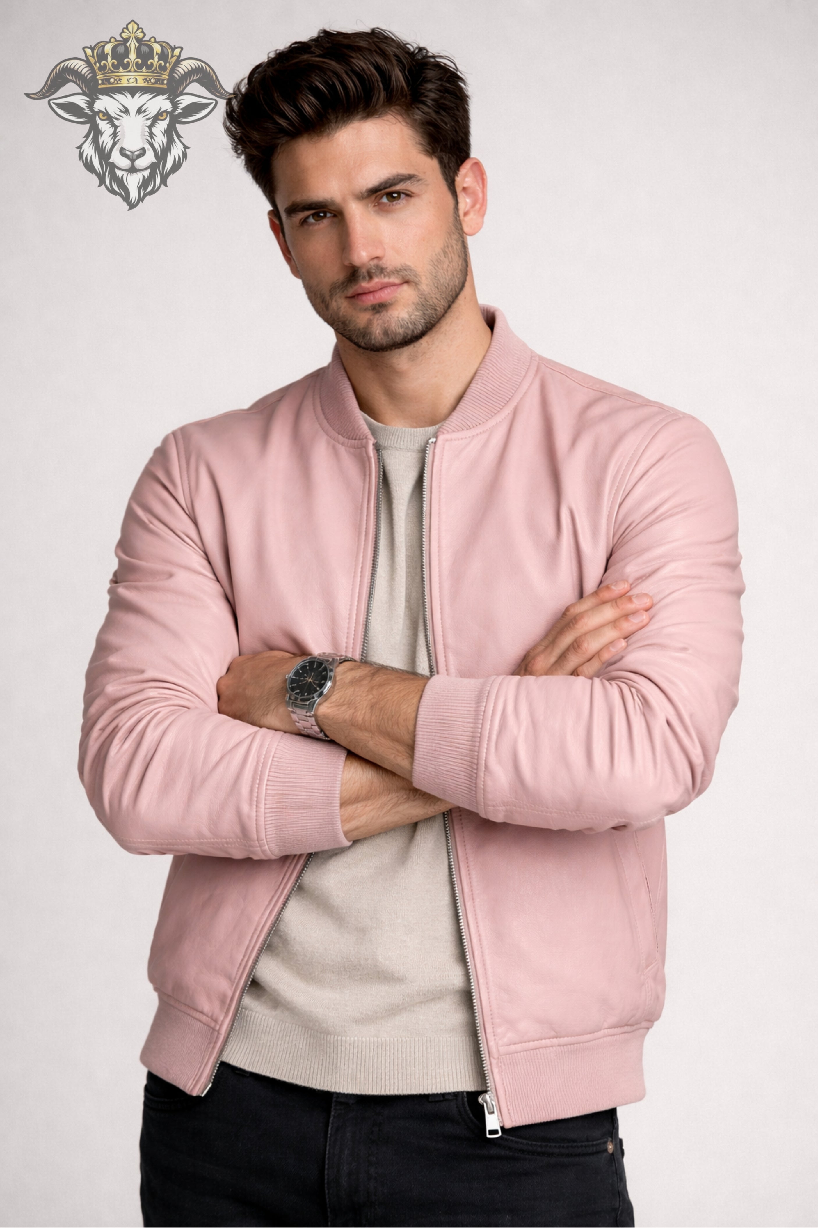 Men’s Baby Pink Real Leather Bomber Jacket