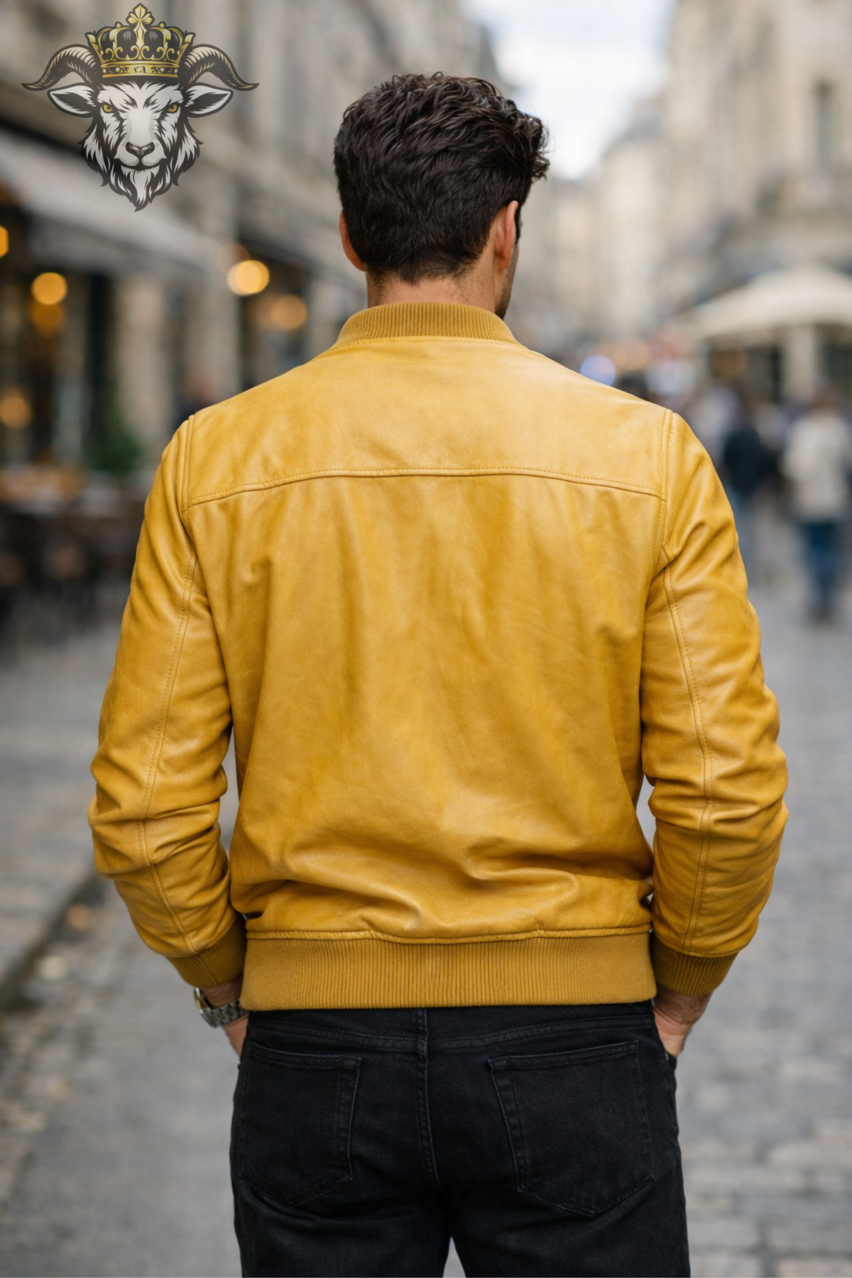 Men's Yellow Real Leather Bomber Jacket, Mustard Moto Jacket, Ribbed Collar Zip Jacket, Bold Vintage Streetwear Coat