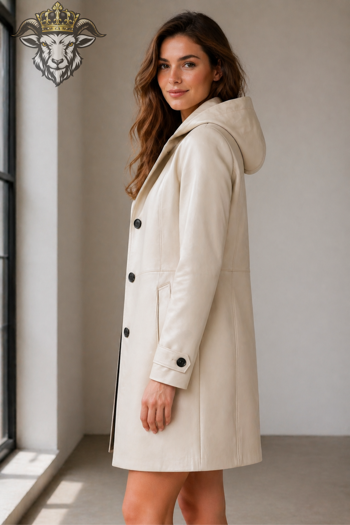 Women's Cream Leather Hooded Coat – Premium Matte Finish, Tailored A-Line Jacket with Black Buttons
