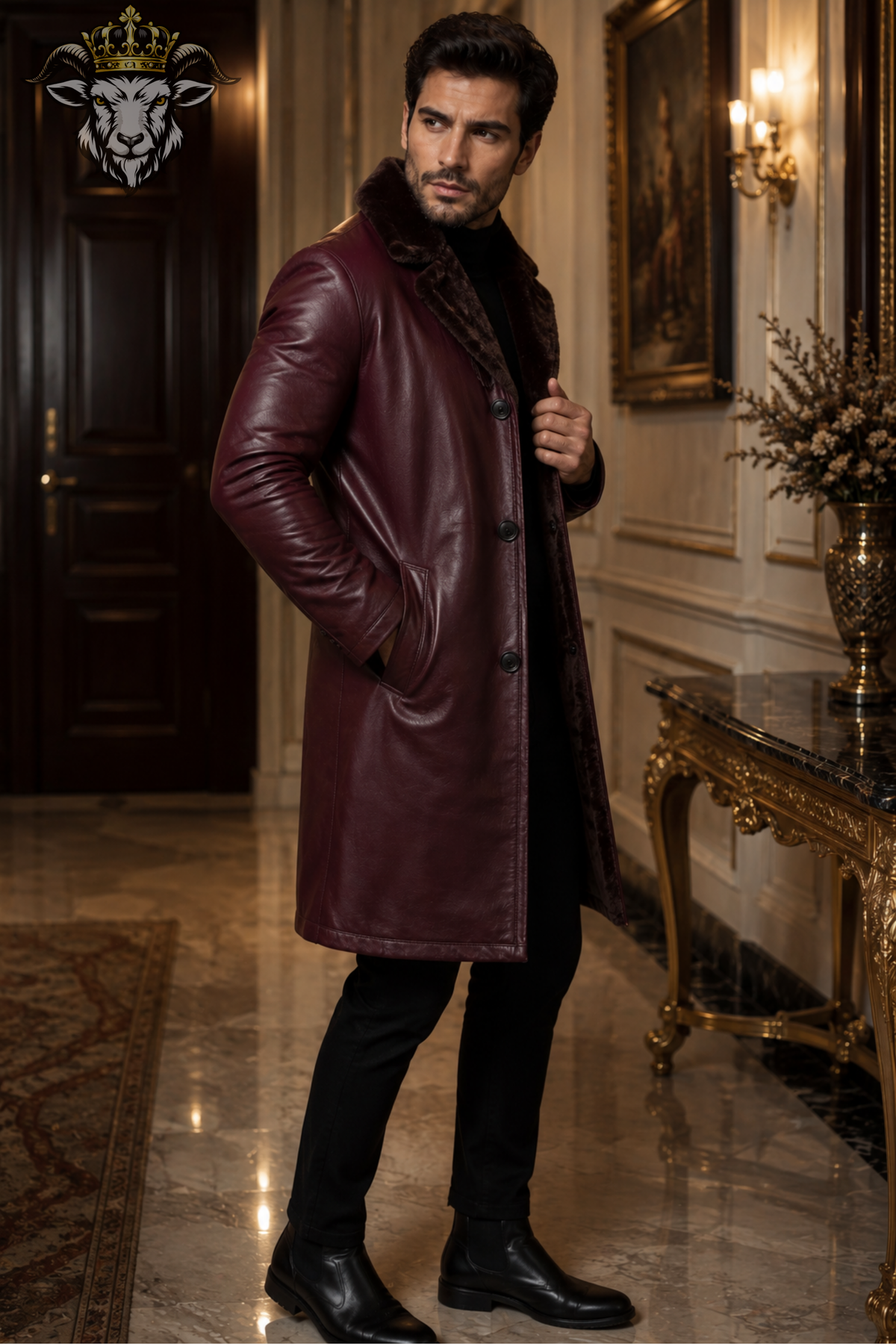 Men's Burgundy Real Leather Long Coat, Faux Fur Lined Leather Overcoat, Tailored Winter Coat, Vintage Luxury Outerwear