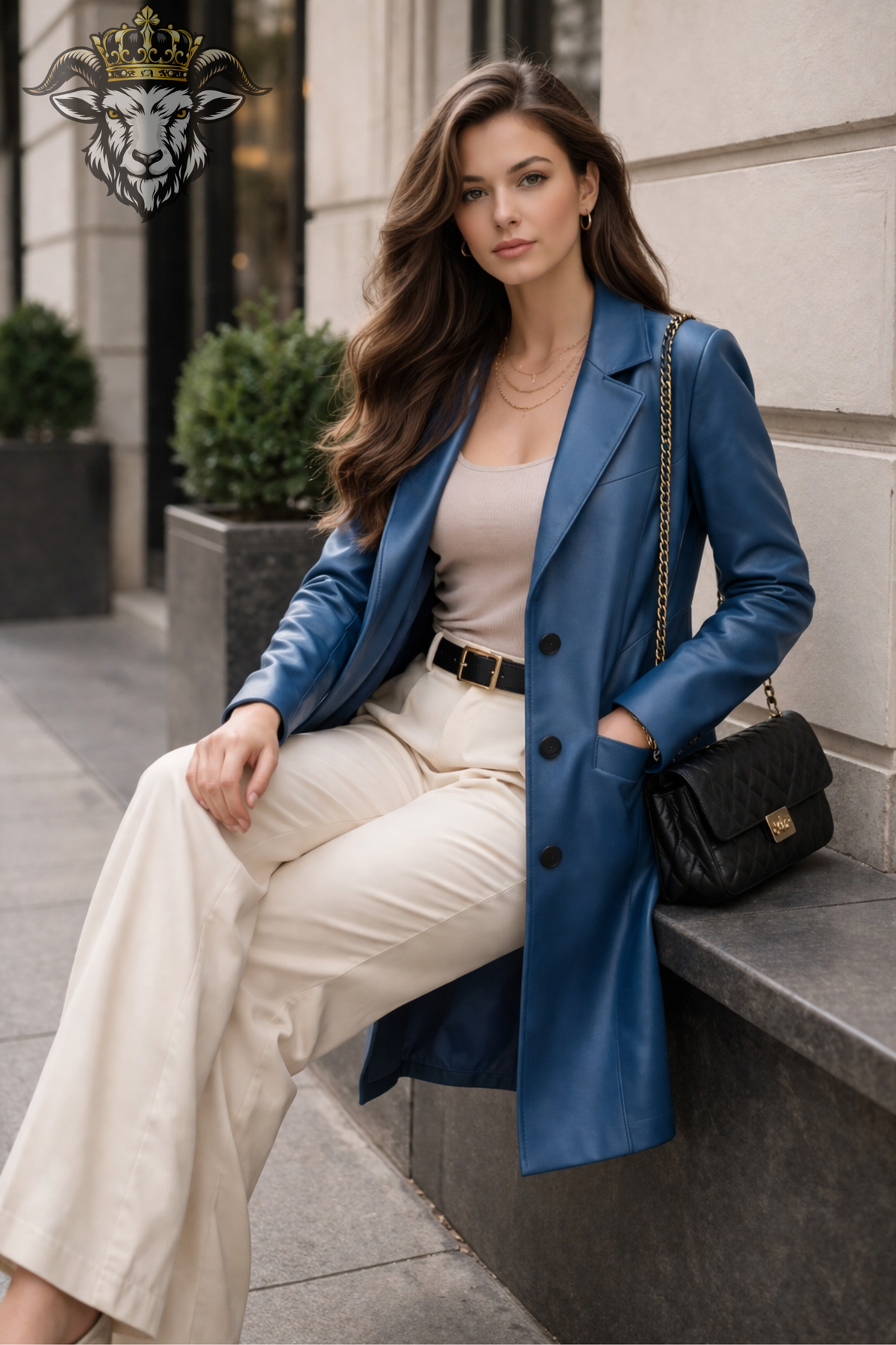 Women's Blue Leather Trench Coat, Tailored Button Front Long Coat, Elegant Lapel Outerwear, Modern Women's Fashion