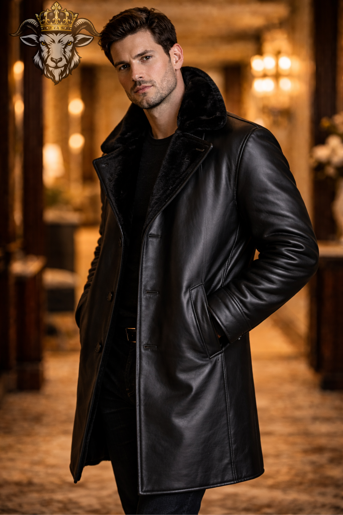 Men's Black Leather Long Coat, Genuine Leather Winter Overcoat, Black Fur Collar Trench Coat, Luxury Button Front Jacket for Men