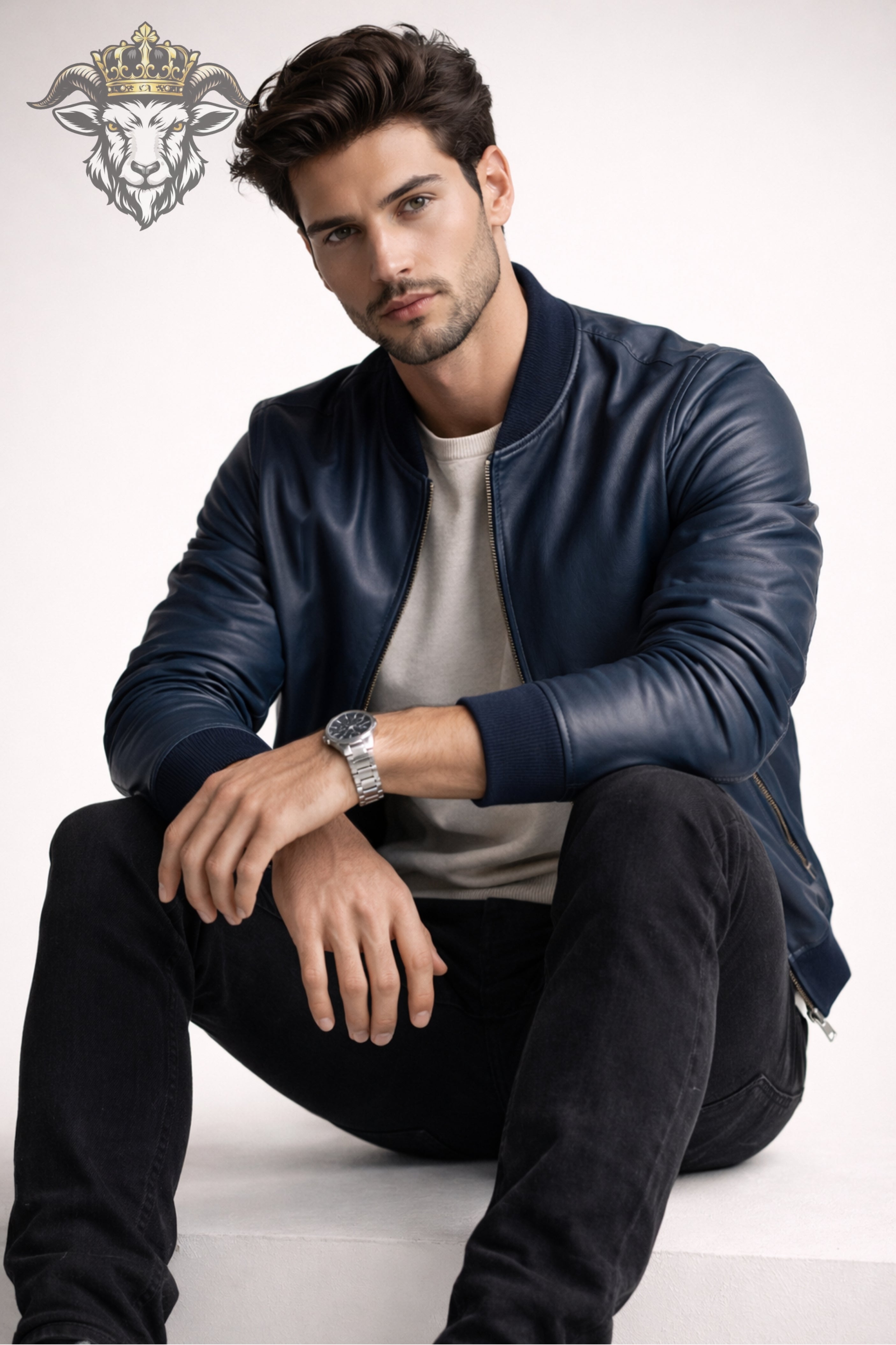 Men’s Blue Real Leather Bomber Jacket