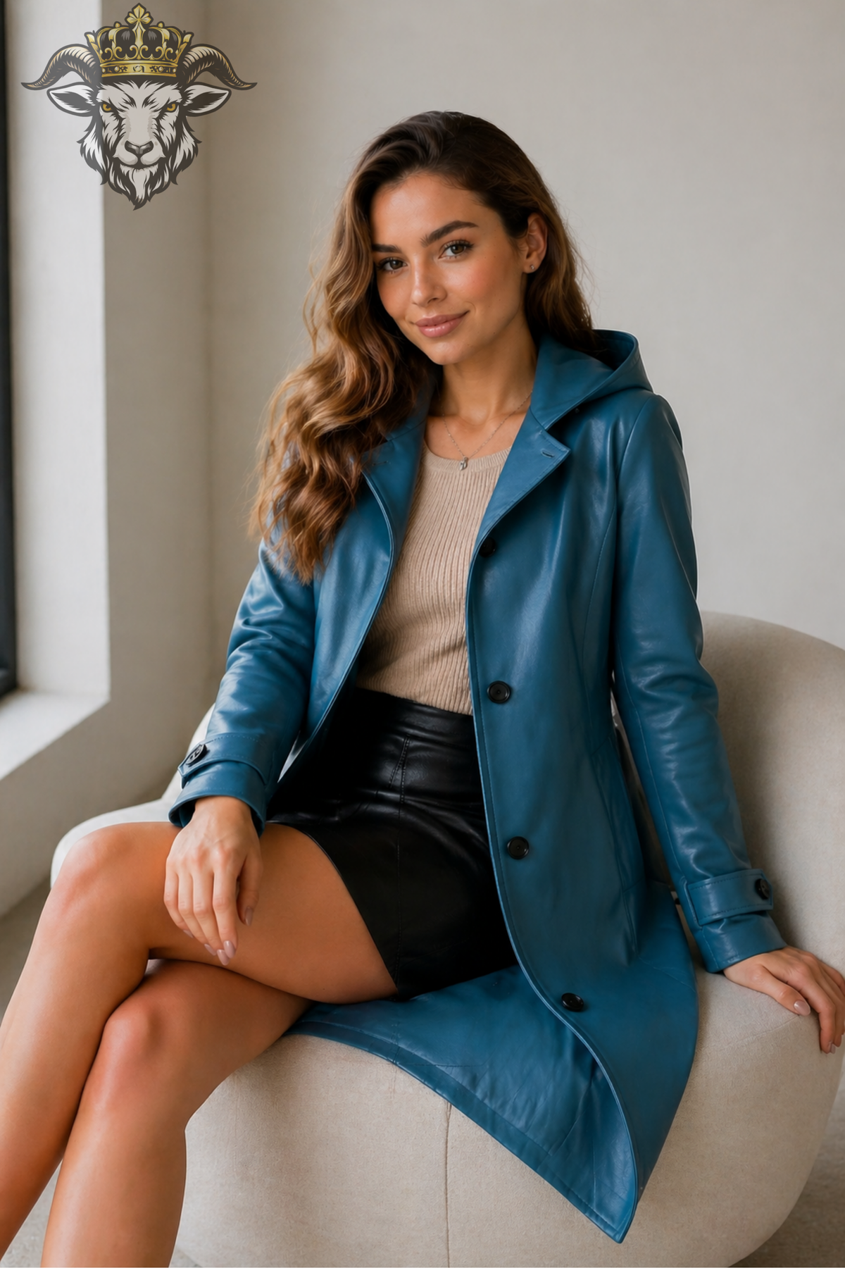 Women's Teal Leather Hooded Trench Coat – Mid-Thigh Long Coat, Stylish Women's Outerwear, Button Front Hooded Coat, Modern Fall Jacket