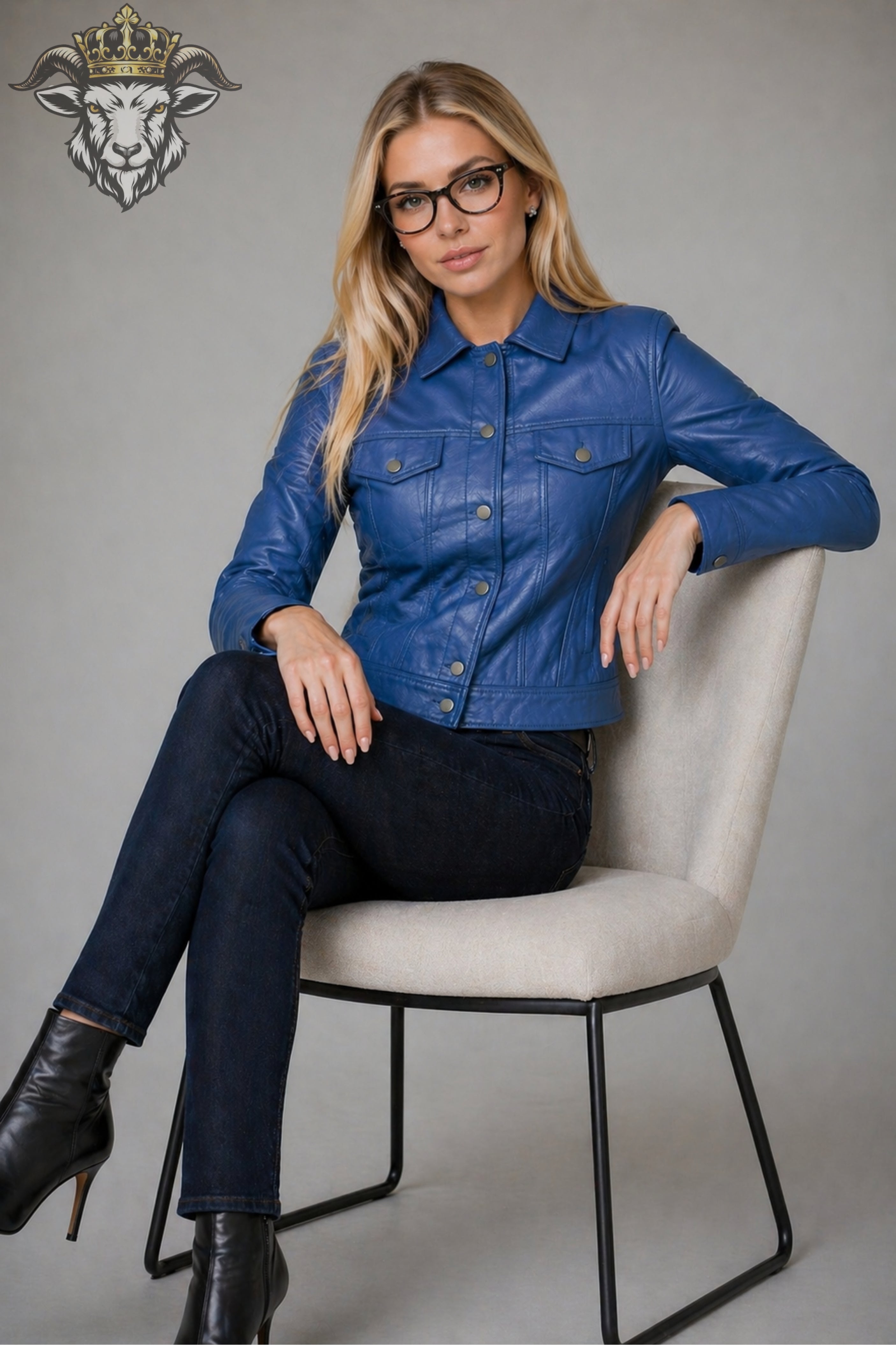 Women’s Blue Real Leather Trucker Jacket