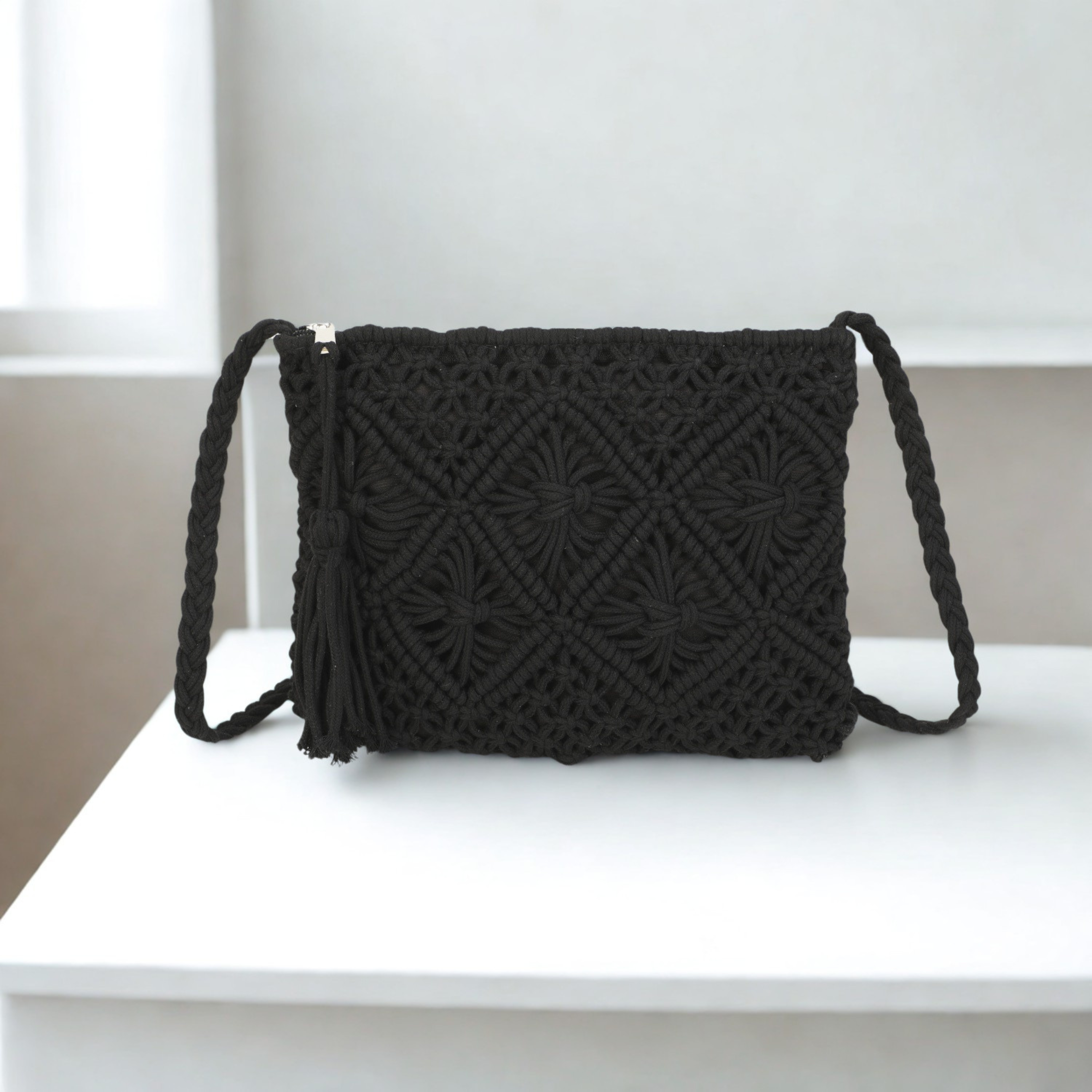 Women’s Knitted Crochet Crossbody Bag – Synthetic Top Zip Shoulder Bag with Long Strap