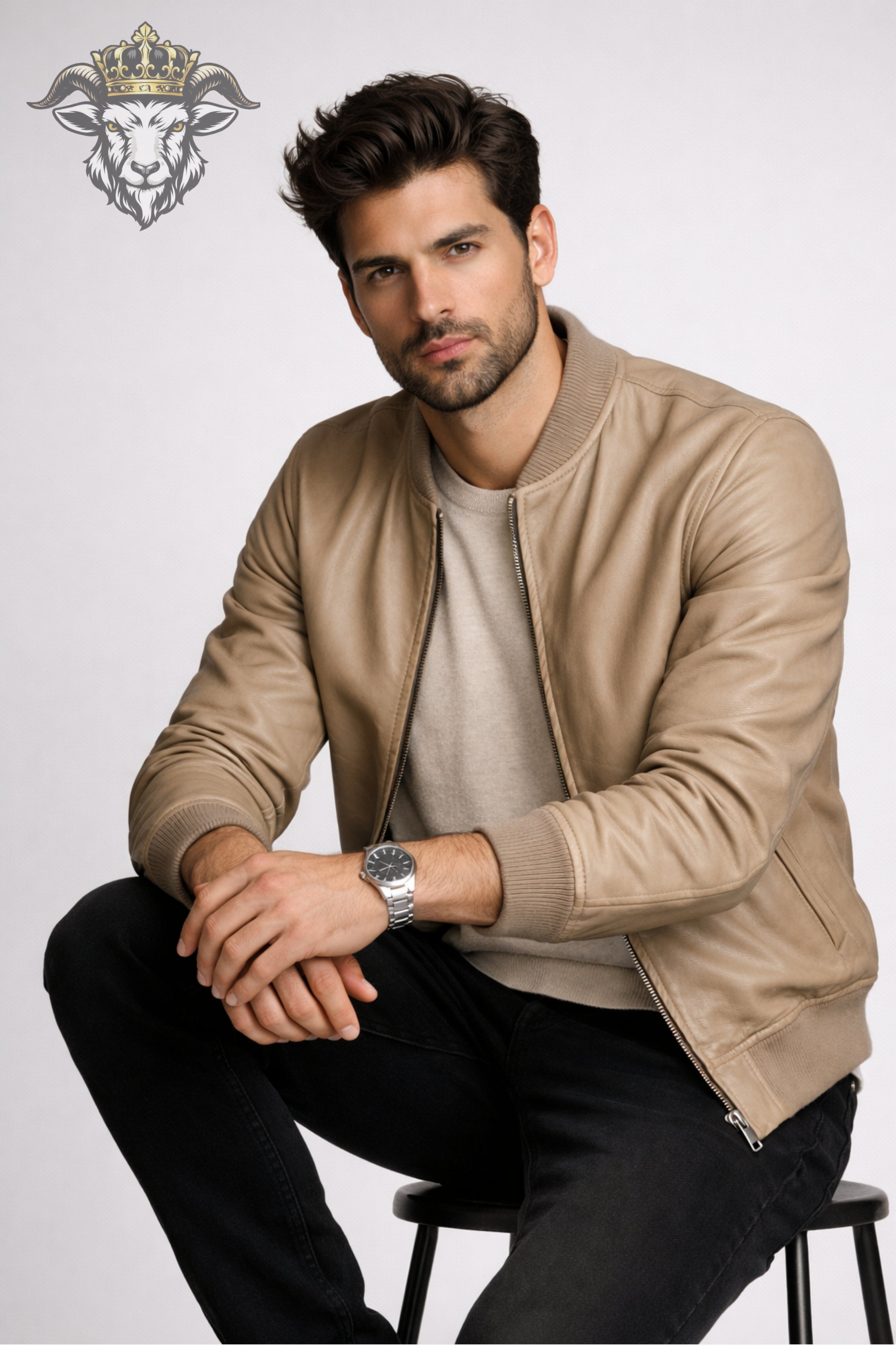 Men’s Beige Real Leather Bomber Jacket