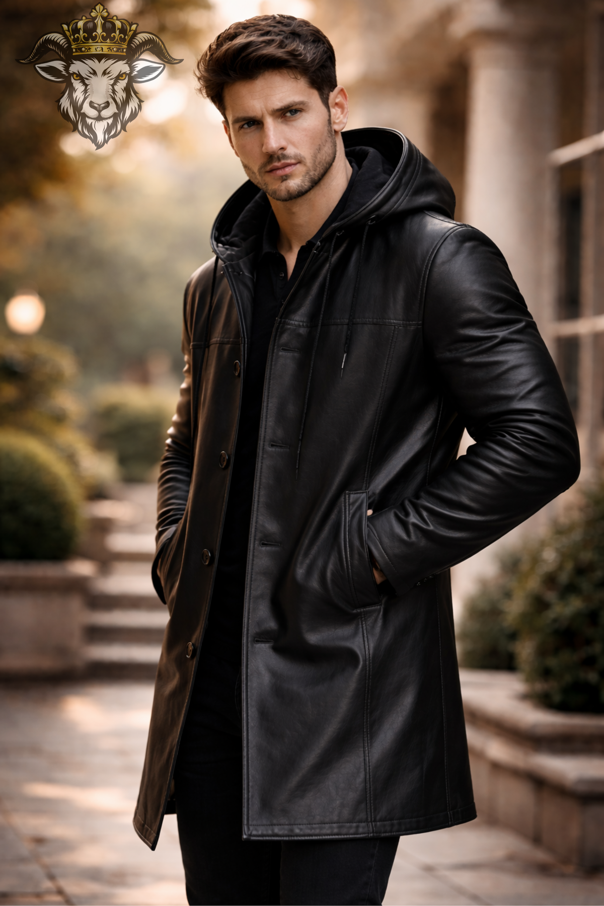 Men's Black Real Leather Hooded Long Coat, Men's Leather Trench Coat, Above Knee Winter Jacket, Gothic Streetwear, Button Front Outerwear