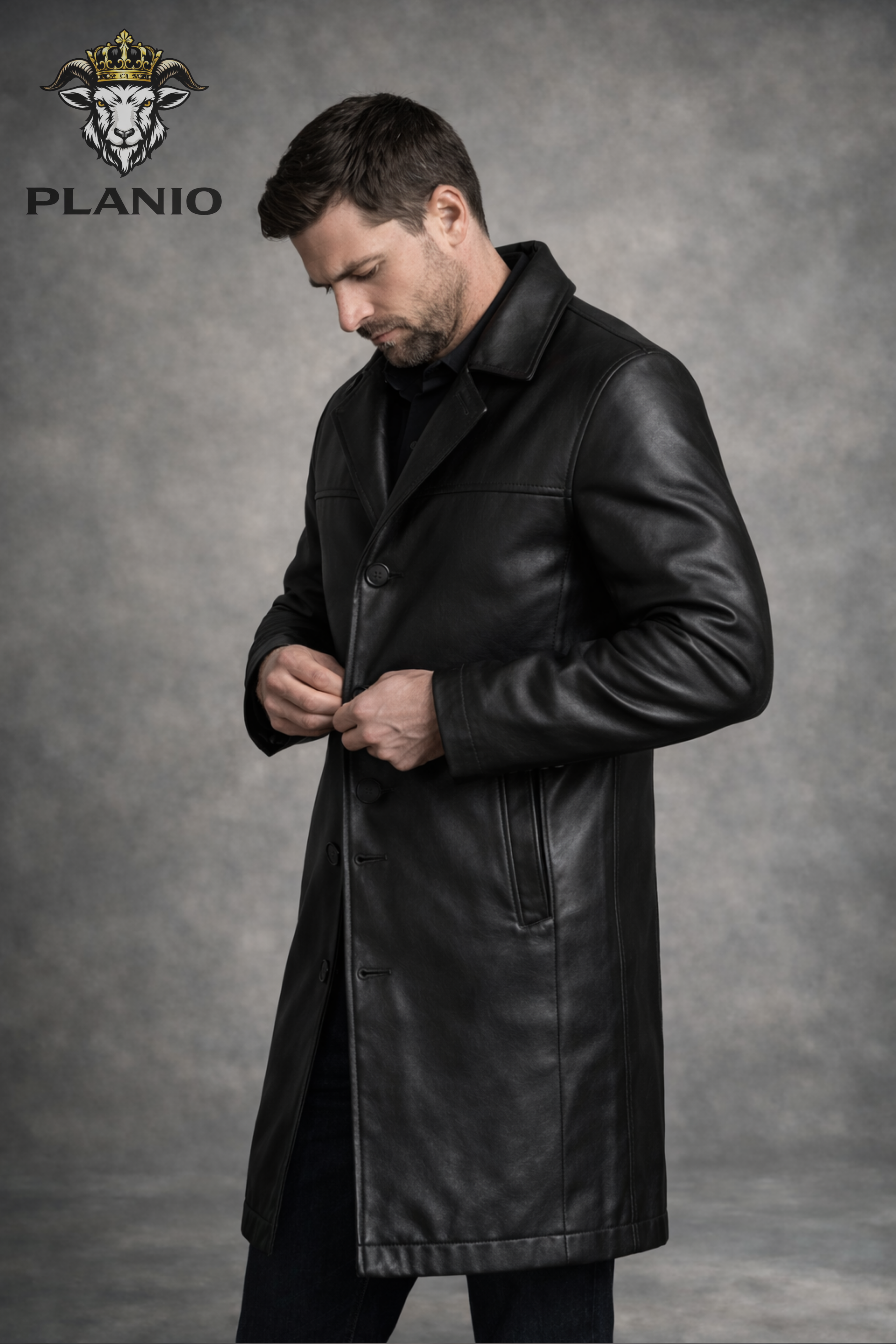 Men’s Black Real Leather Longcoat – Above Knee Button Front Leather Coat