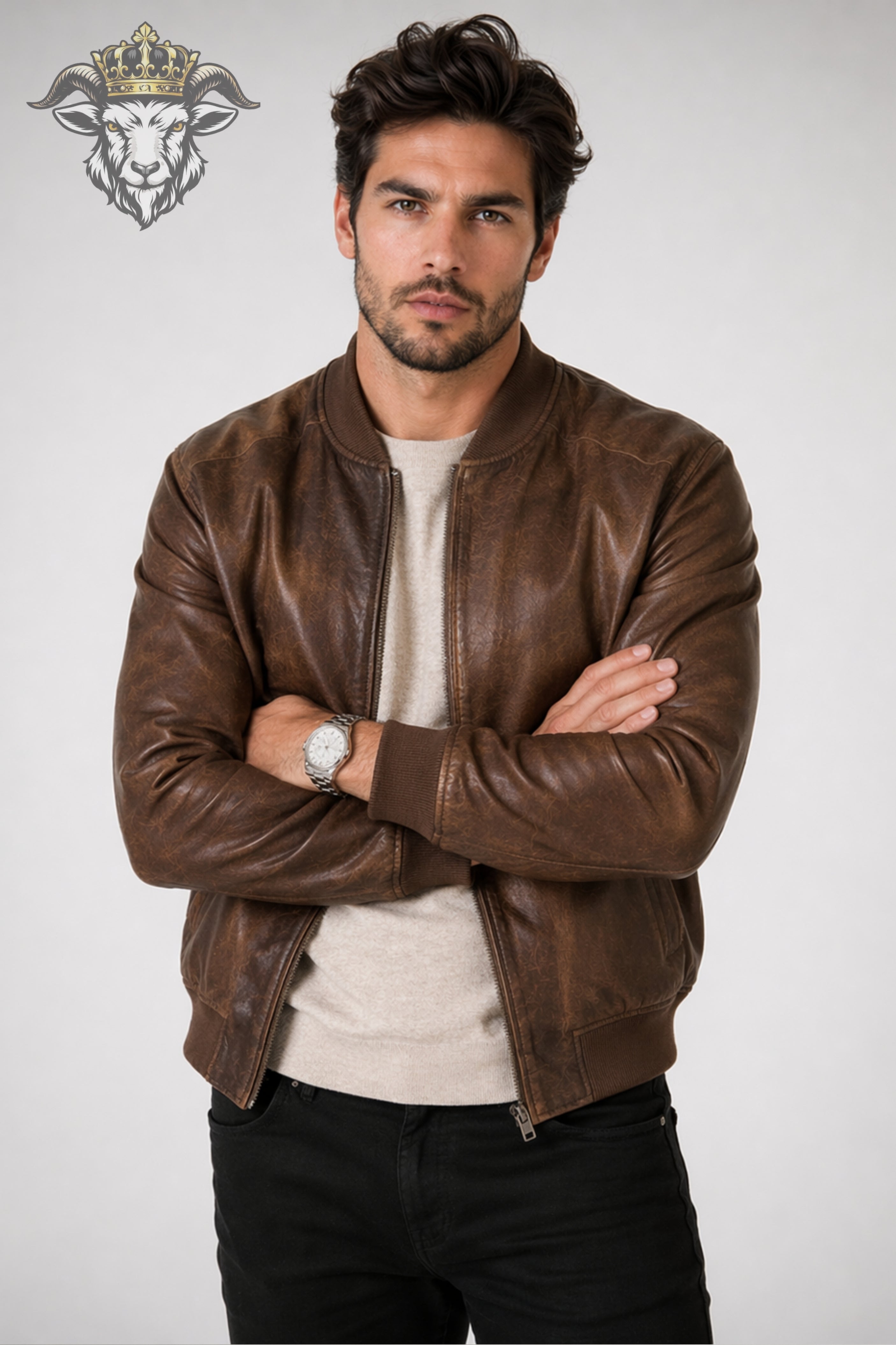 Men’s Distressed Brown Leather Bomber Jacket