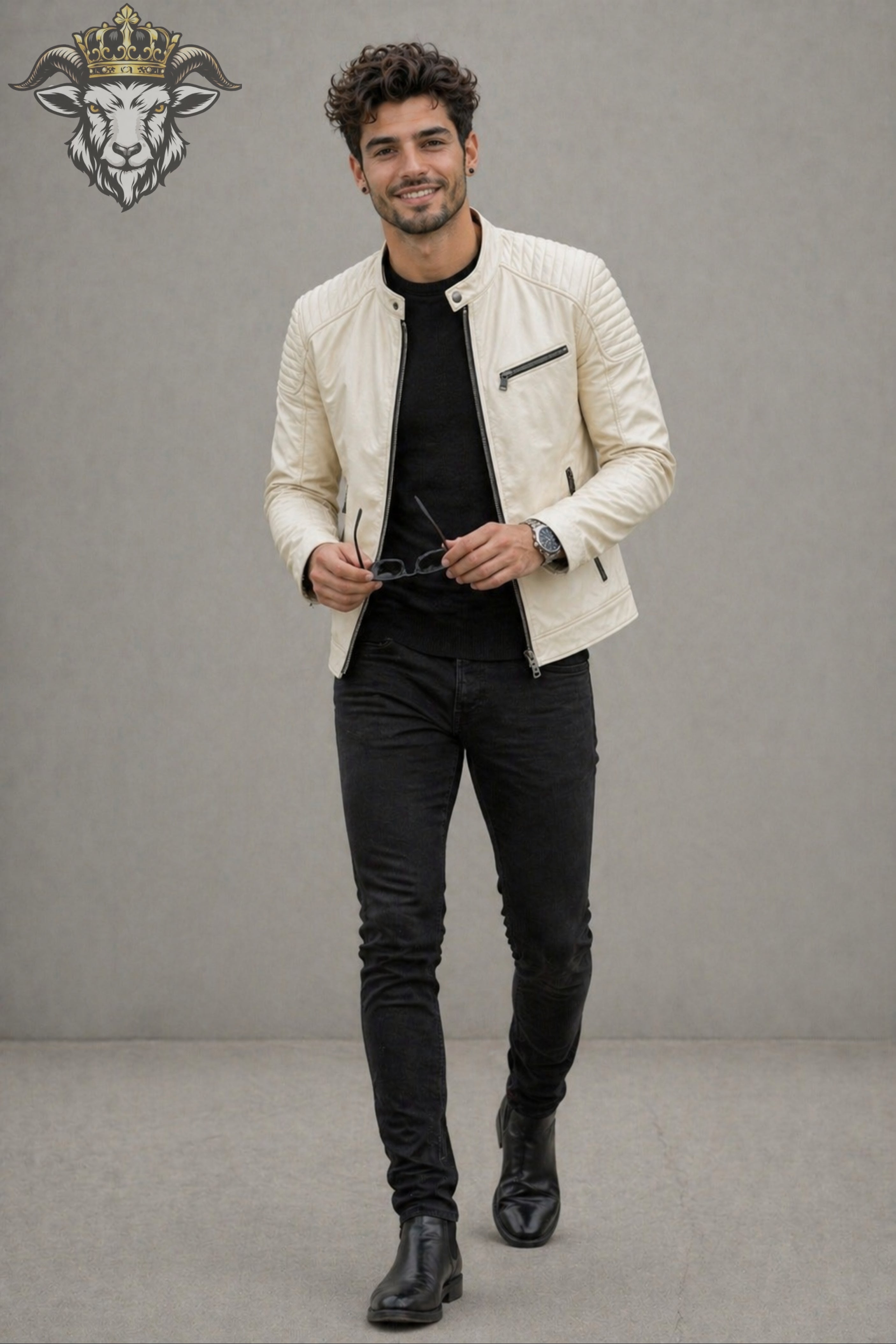Men’s Cream Real Leather Roadster Jacket