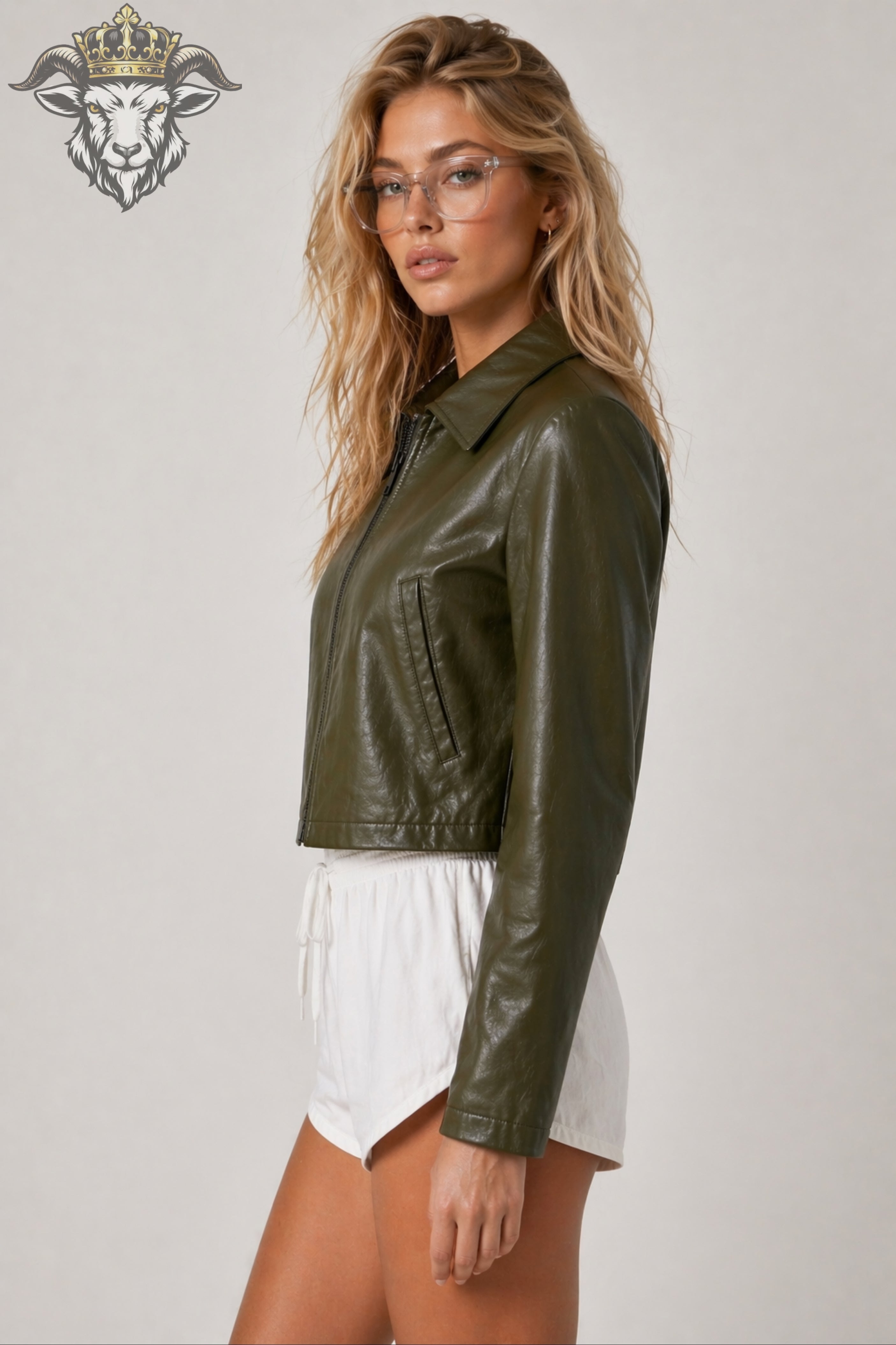 Women’s Olive Green Real Leather Cropped Jacket