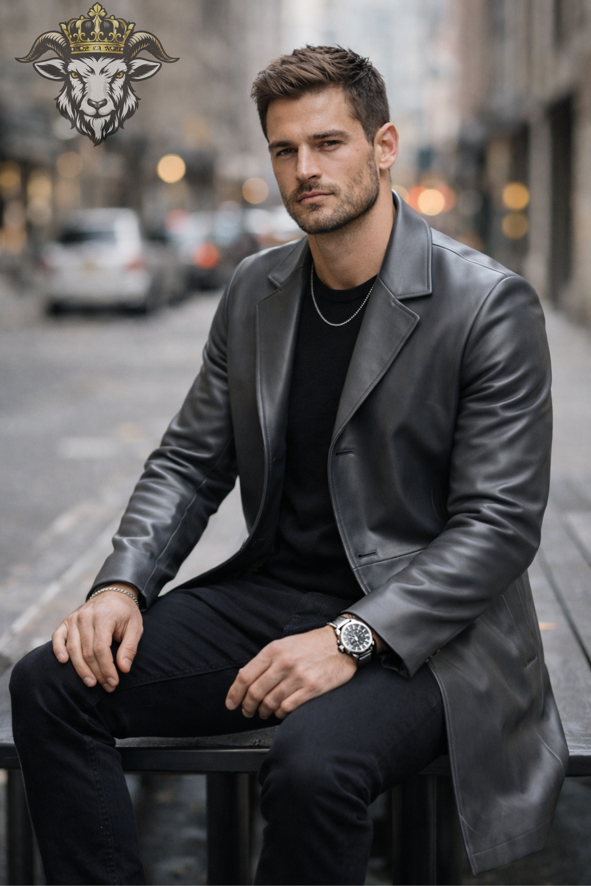 Men's Grey Leather Overcoat, Tailored Button Front Coat, Classic Lapel Long Jacket, Modern Minimalist Outerwear