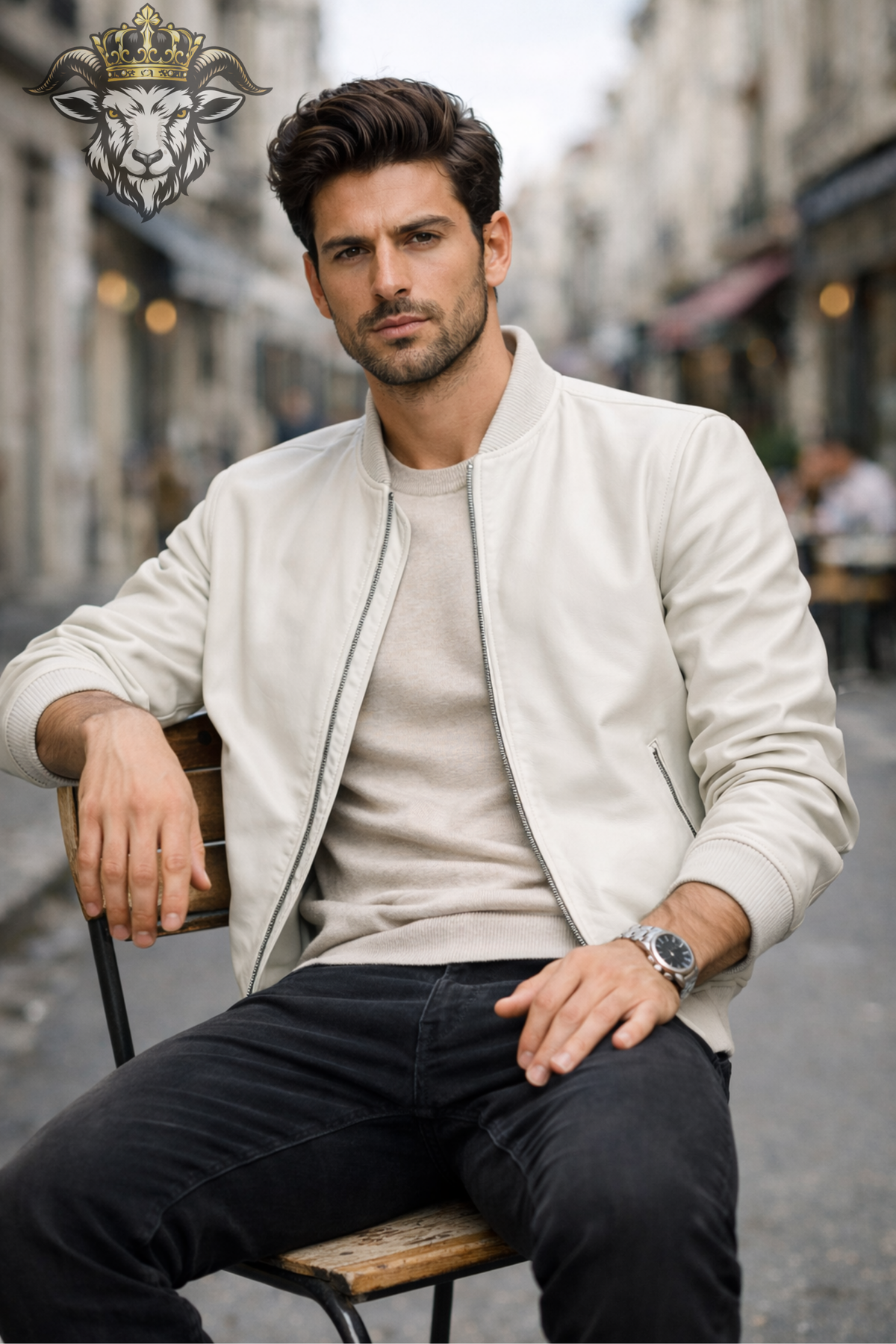 Men's White Leather Bomber Jacket, Minimalist Ribbed Zip Up Jacket, Modern Casual Streetwear Outerwear