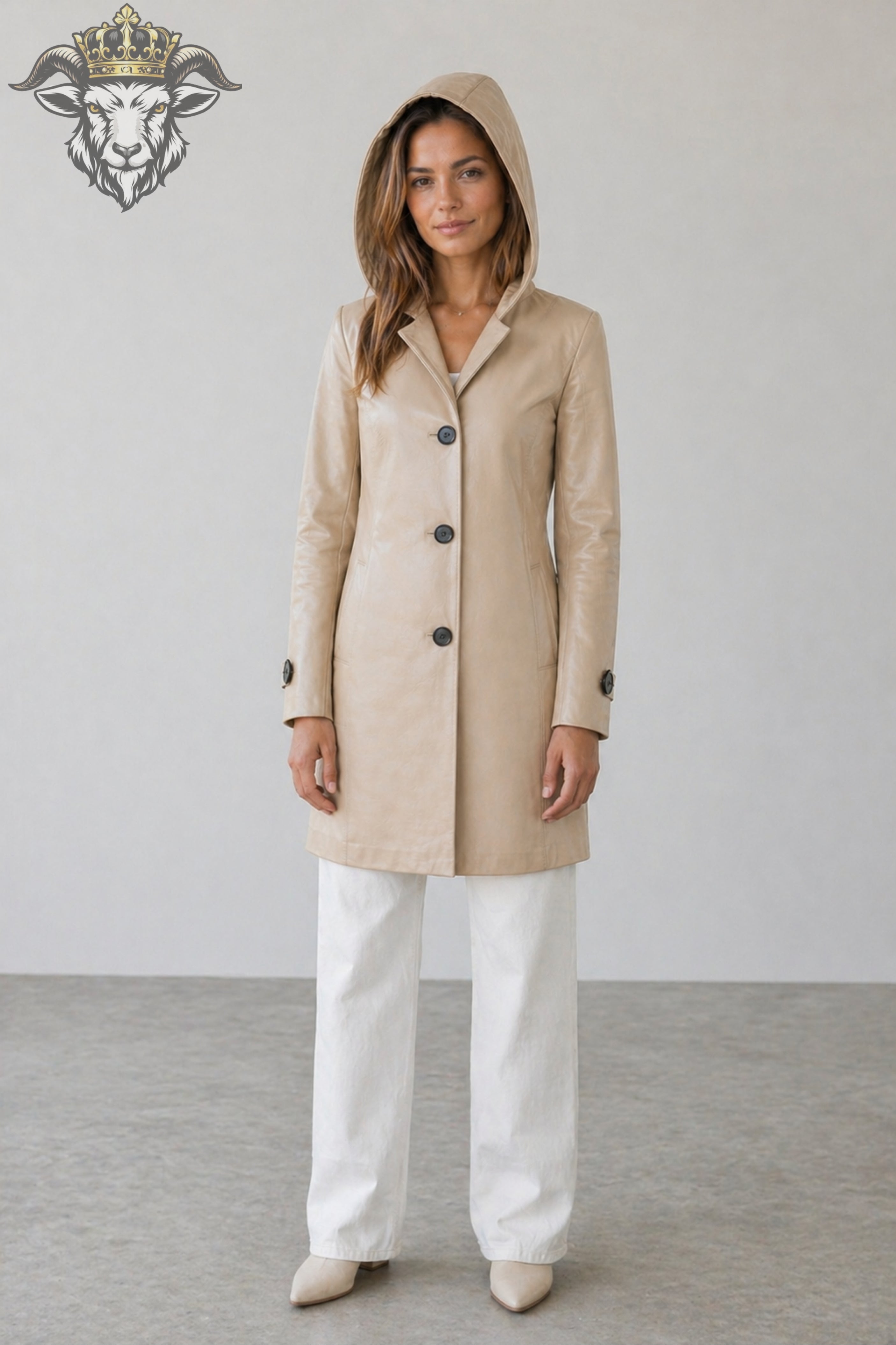 Women’s Beige Real Leather Hooded Coat