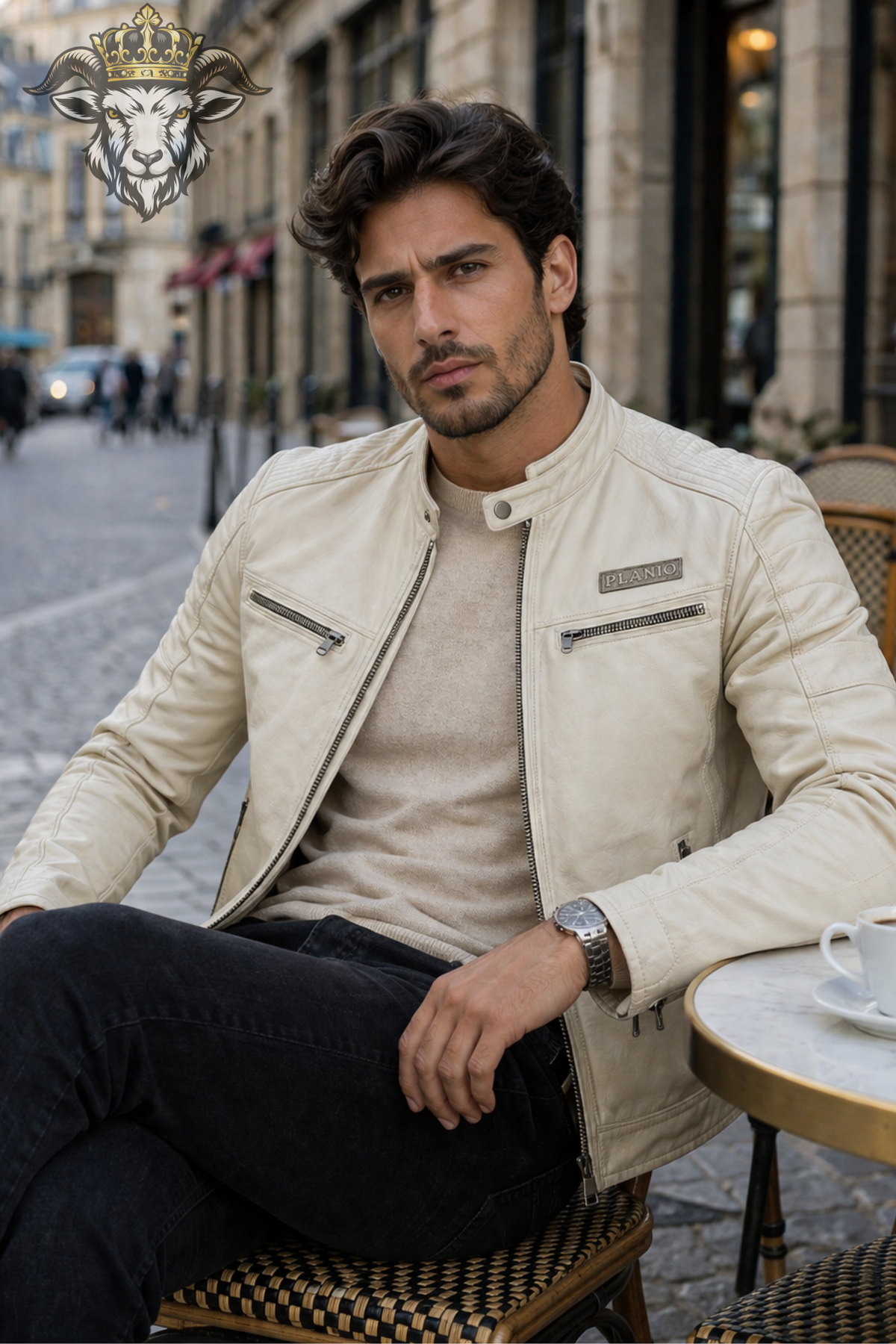 Men's Cream Real Leather Biker Jacket, Slim Fit Cafe Racer Moto Jacket, PLANIO Quilted Motorcycle Jacket, Zip Pocket Outerwear