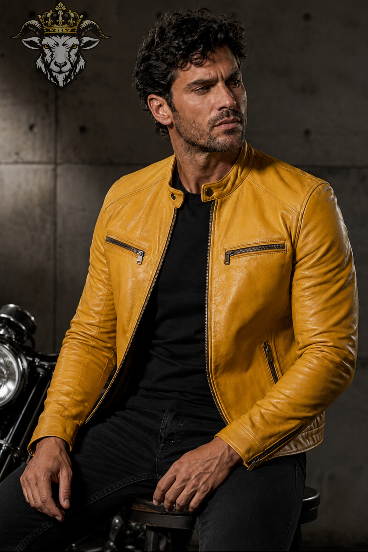Men's Yellow Real Leather Biker Jacket – Slim Fit Motorcycle Jacket, Stand Collar Moto Jacket, Men's Yellow Leather Coat