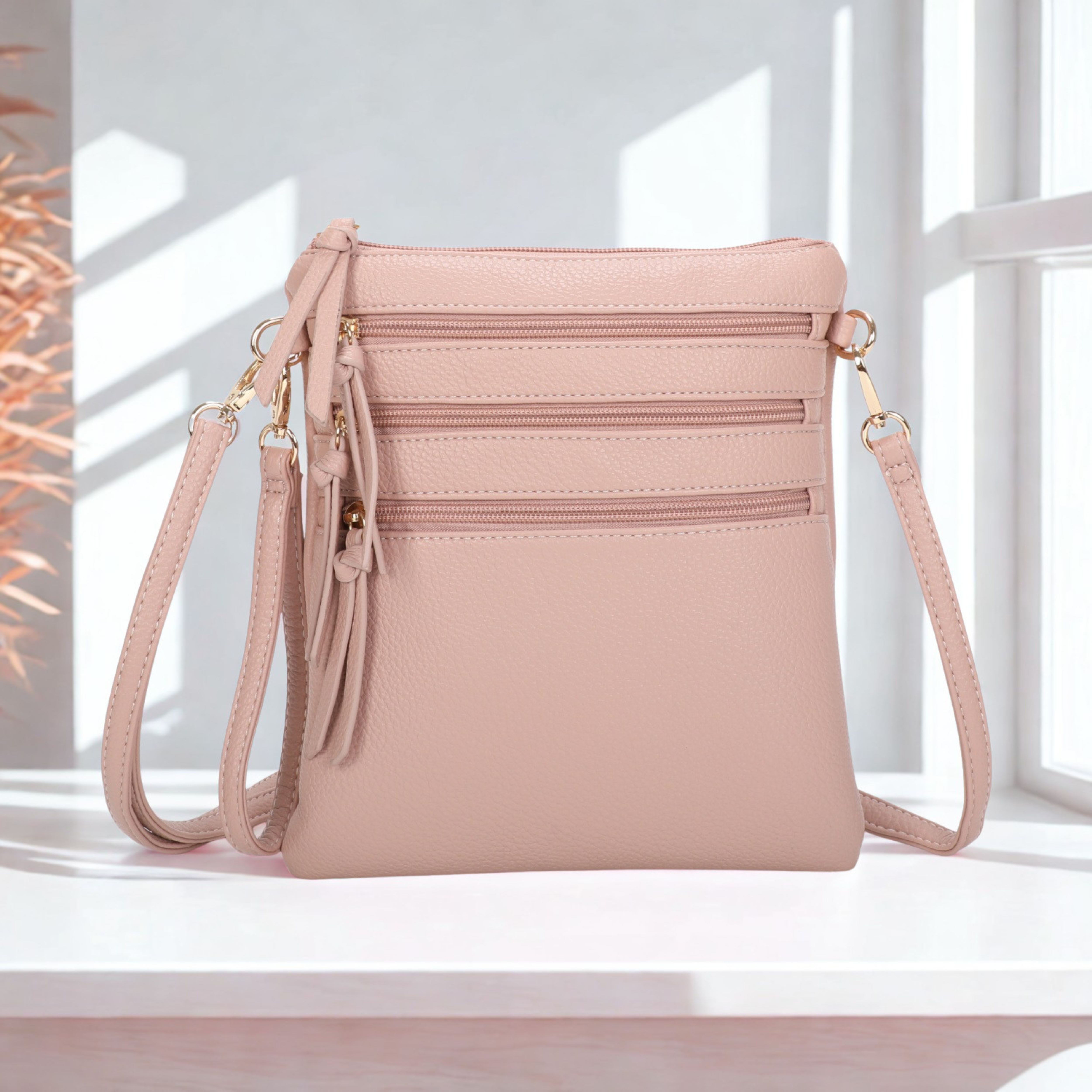 Women’s Multi Zip Crossbody Bag – Slim Synthetic Shoulder Bag with Adjustable Strap
