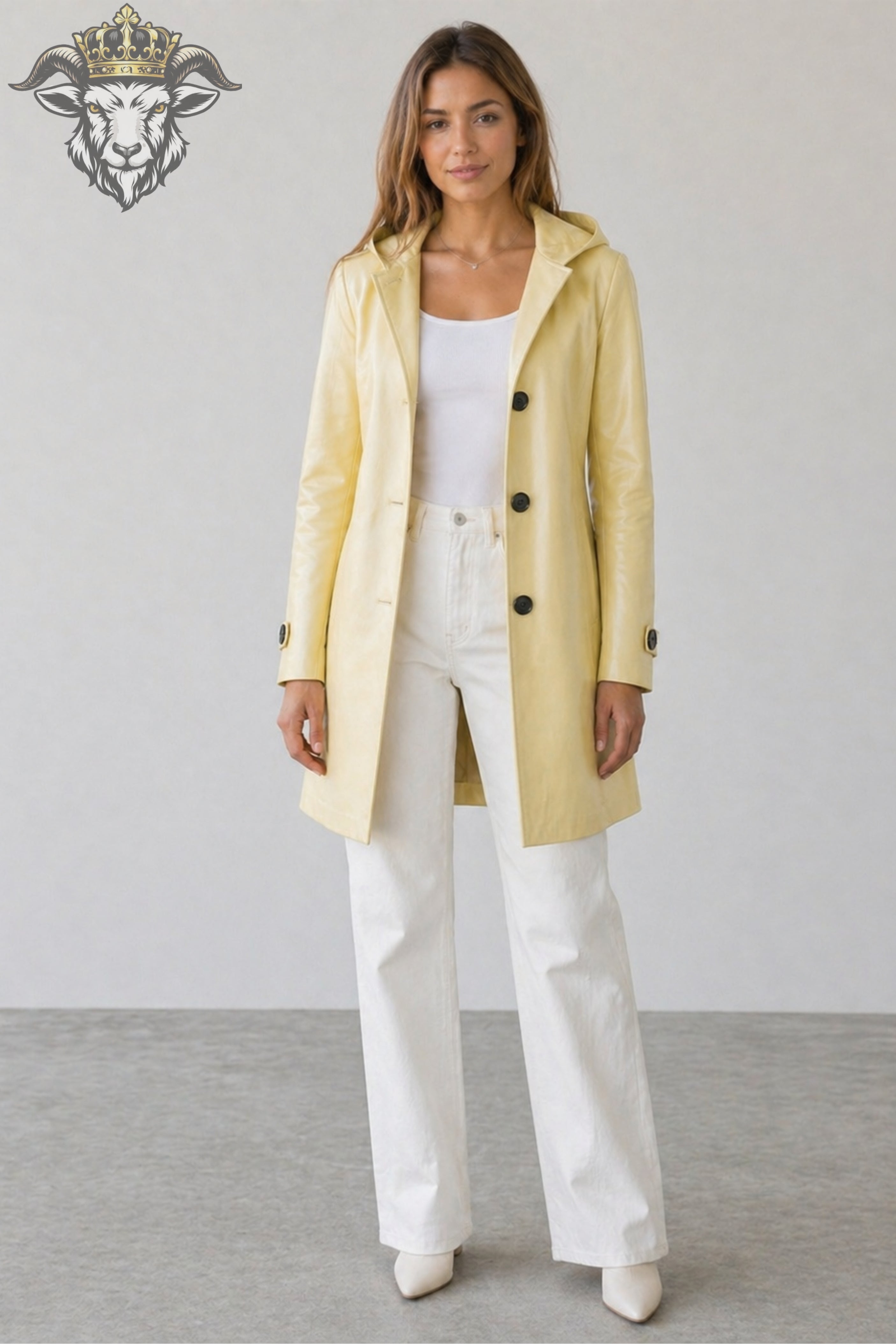 Women’s Pale Yellow Real Leather Hooded Coat