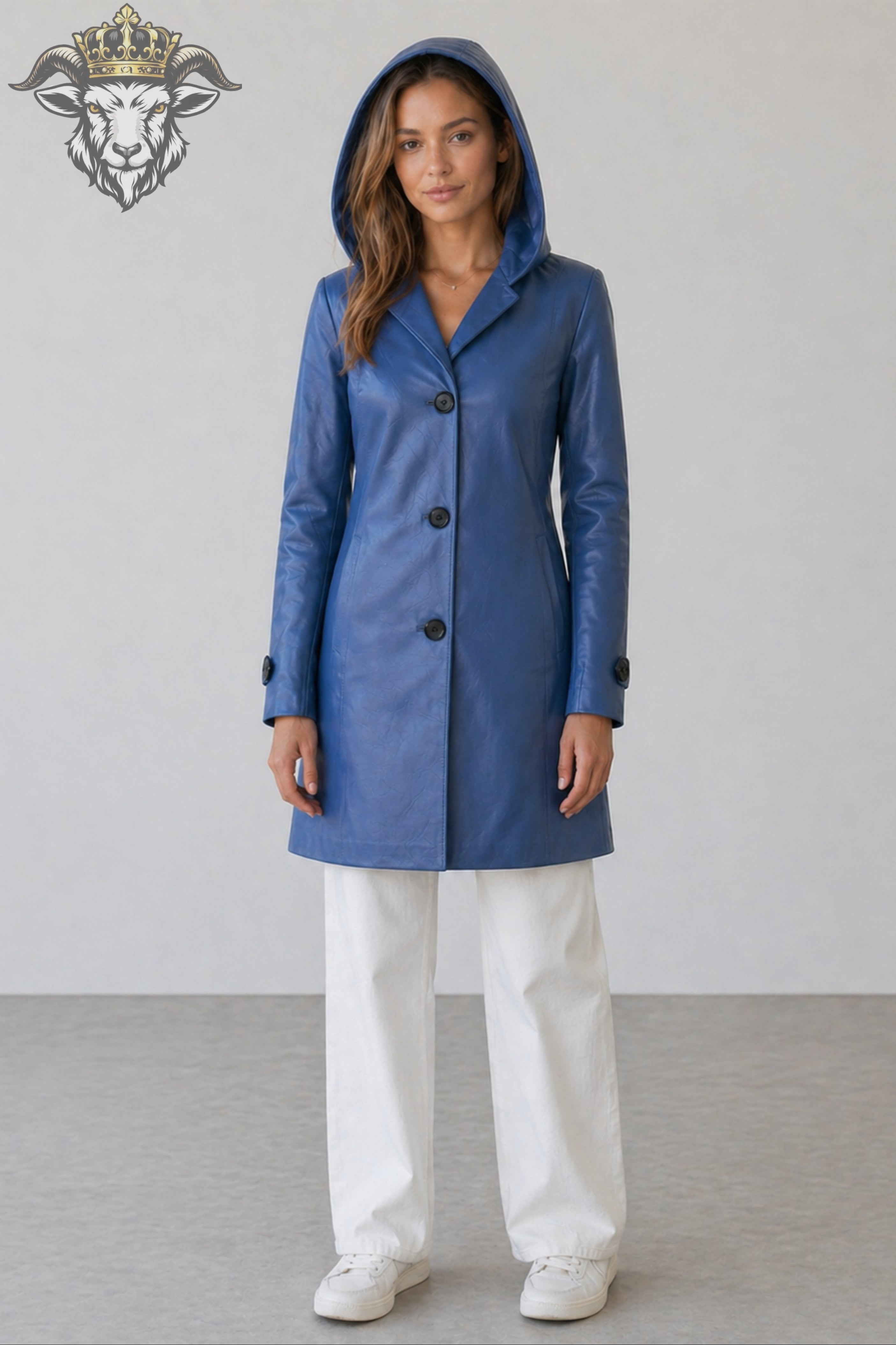 Women’s Blue Real Leather Hooded Coat