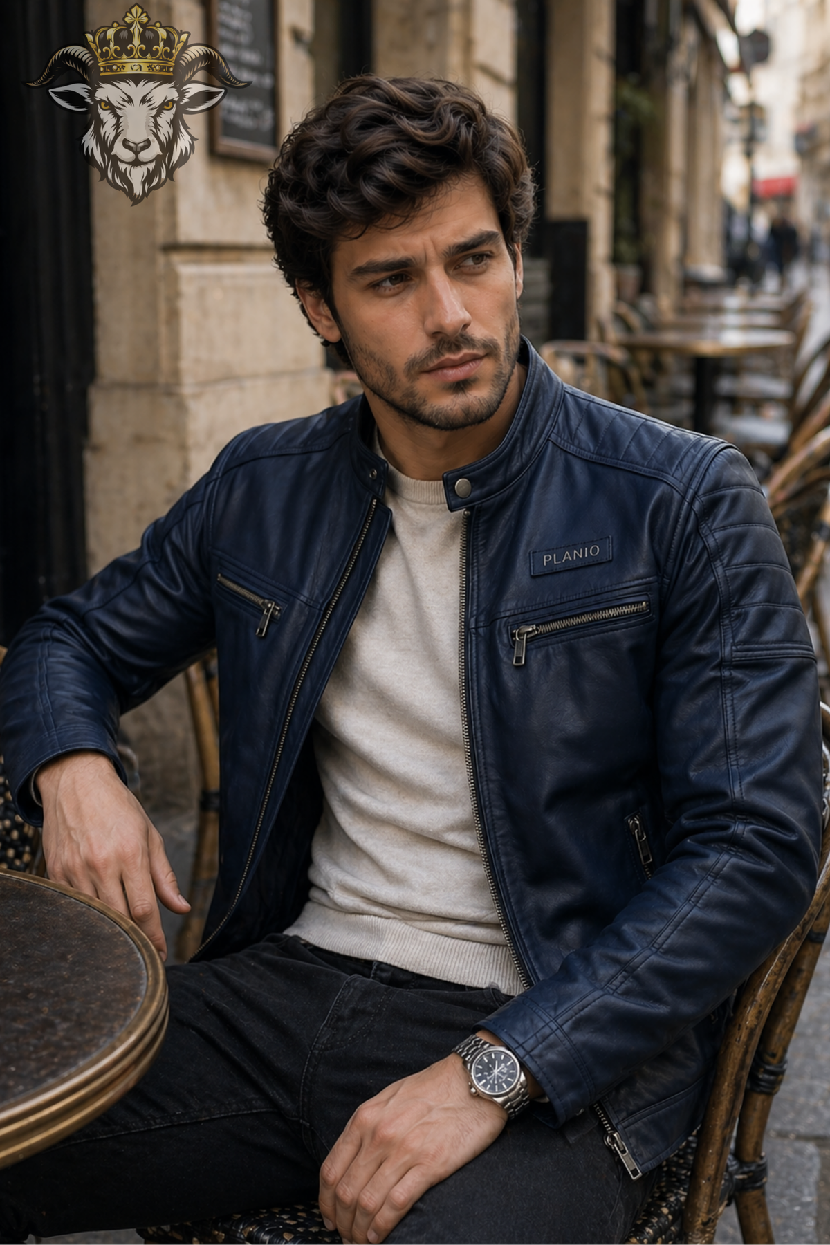 Men's Indigo Real Leather Biker Jacket, Slim Fit Cafe Racer Motorcycle Jacket, PLANIO Quilted Moto Jacket, Men's Blue Leather Outerwear