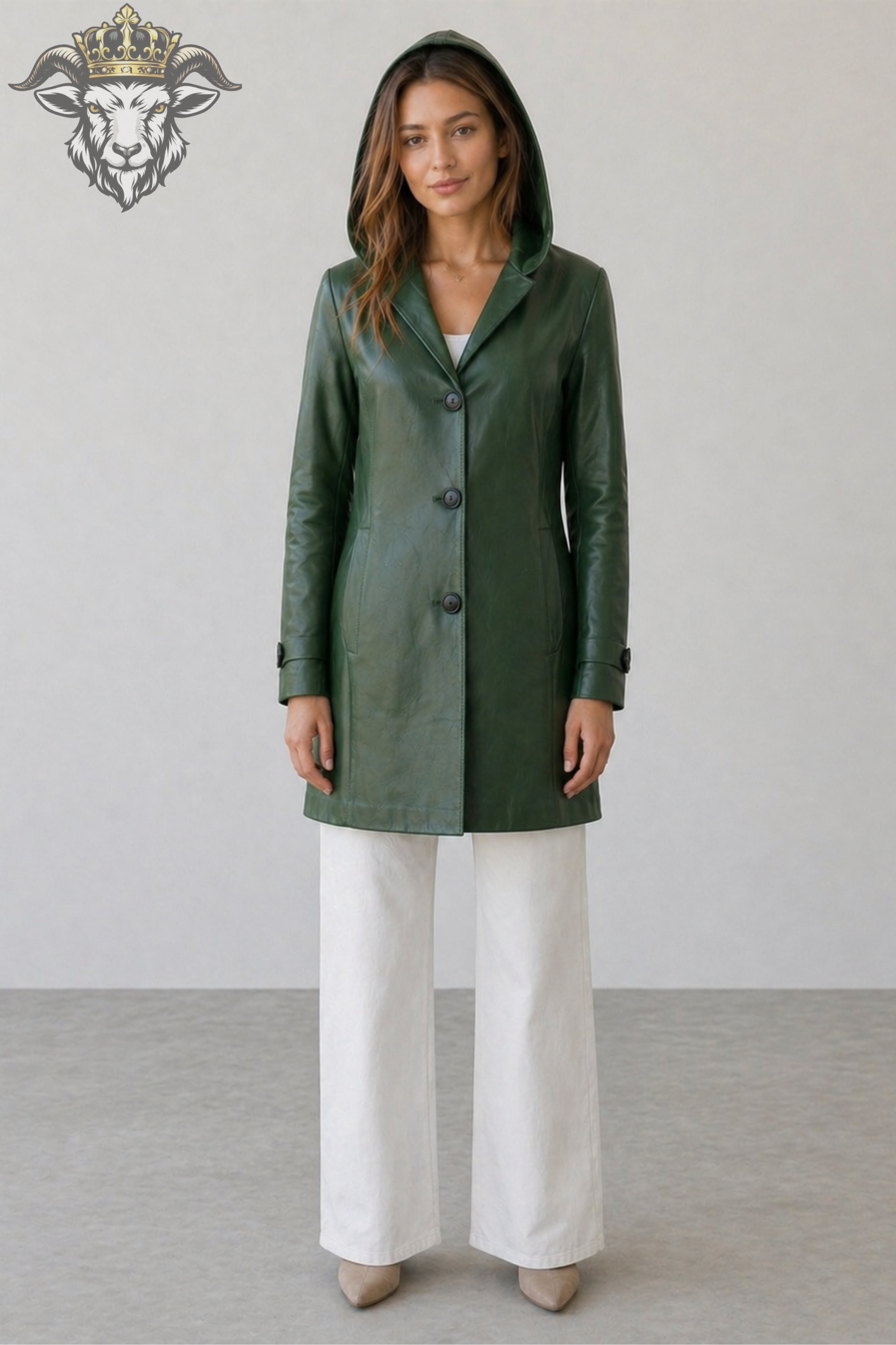 Women’s Green Real Leather Hooded Coat