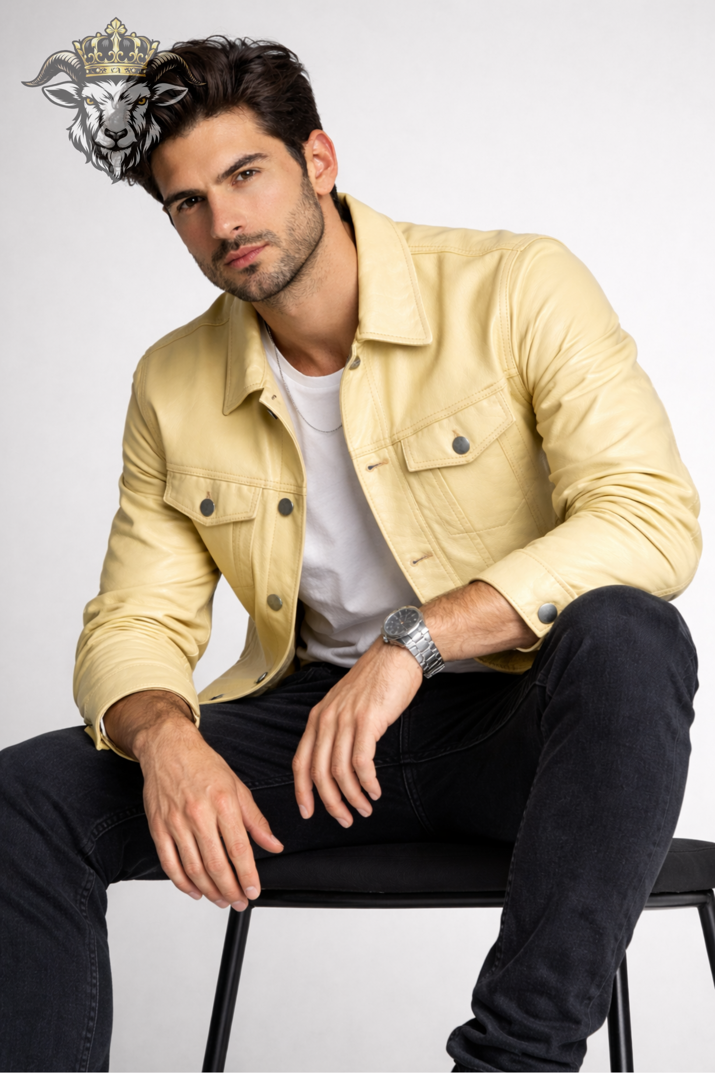 Men’s Pale Yellow Real Leather Trucker Jacket
