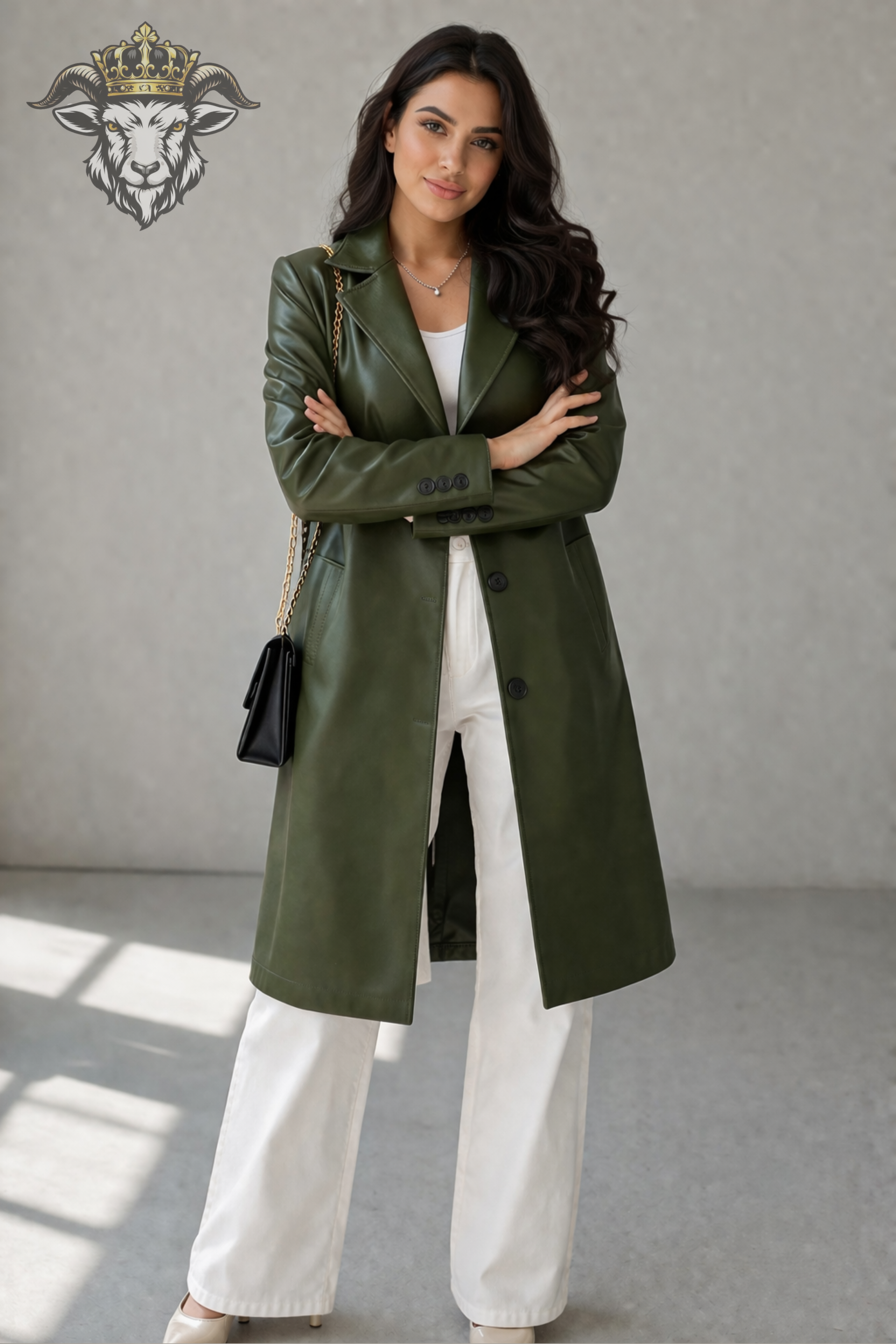 Women’s Green Real Leather Knee-Length Coat