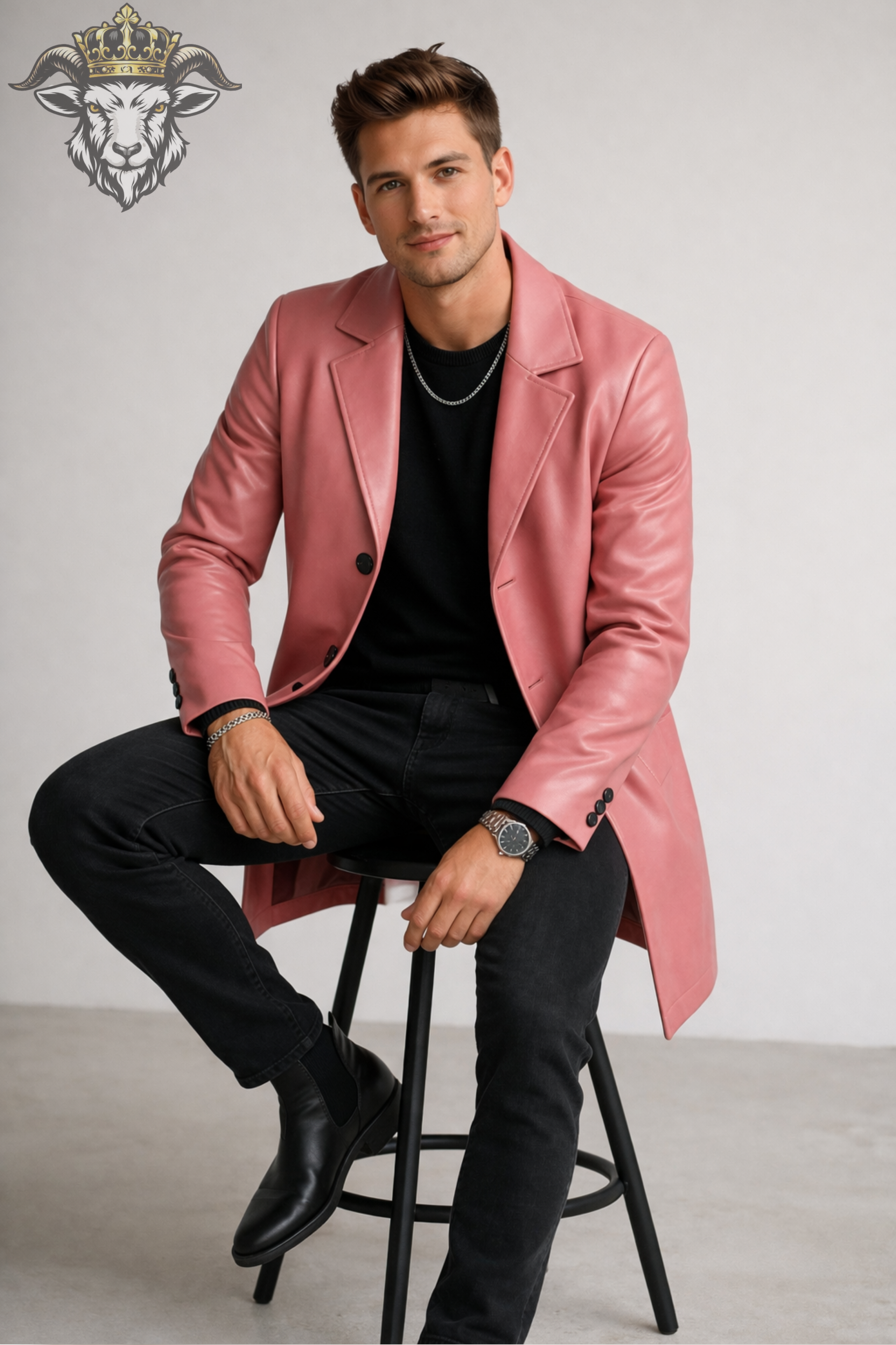 Men’s Pink Real Leather Coat – Mid-Thigh Premium Leather Overcoat | Slim Fit Stylish Designer Jacket for Men