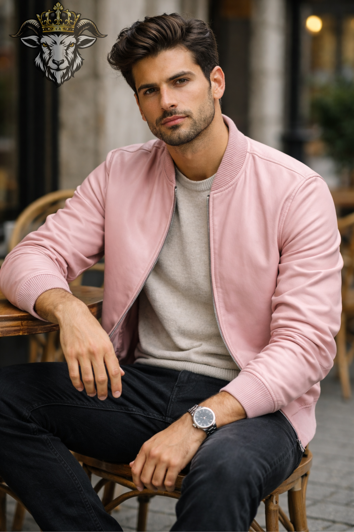 Men's Pink Leather Bomber Jacket, Soft Leather Zip Jacket, Ribbed Collar Casual Streetwear Jacket, Modern Pastel Outerwear for Men