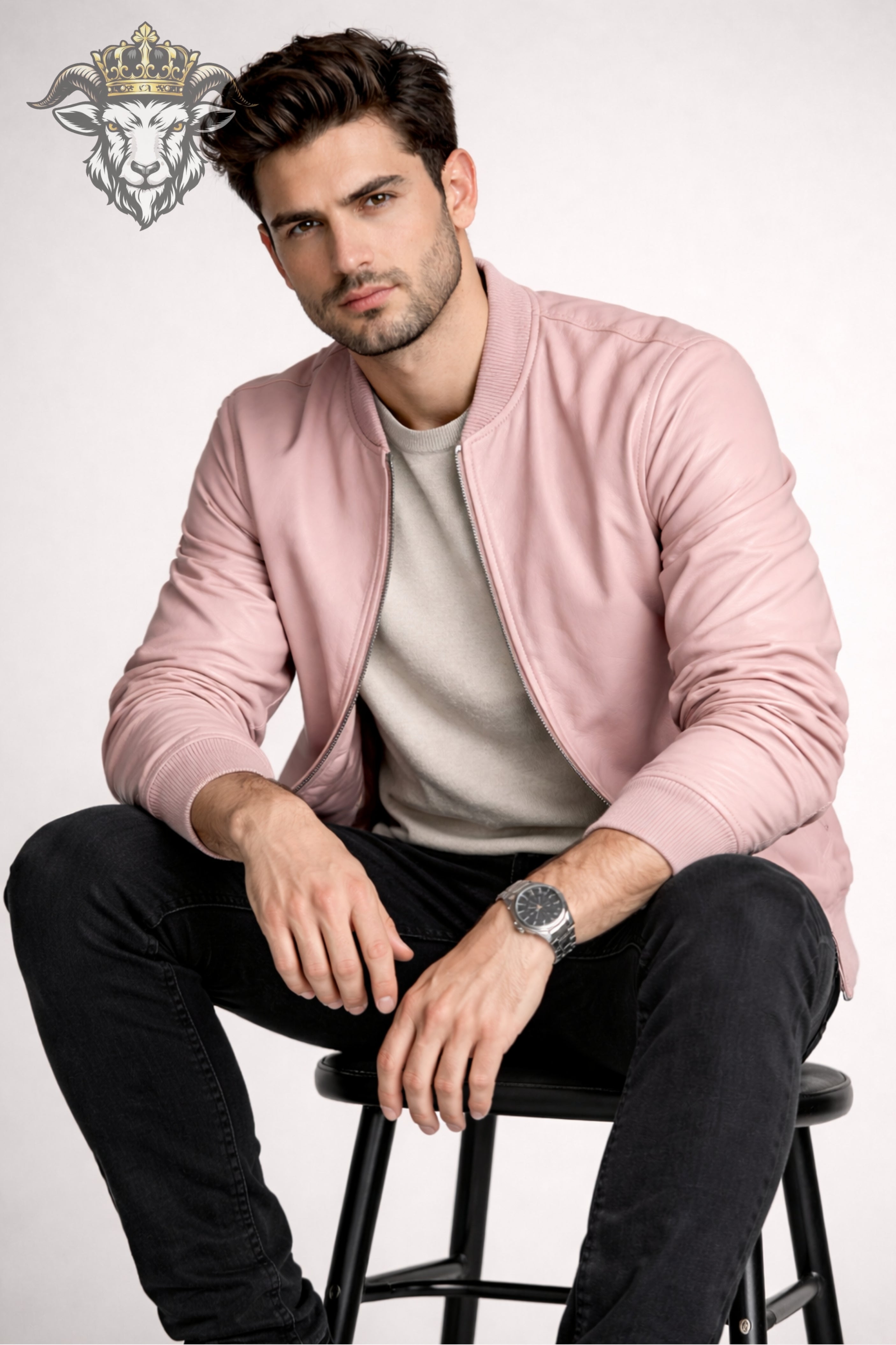 Men’s Baby Pink Real Leather Bomber Jacket