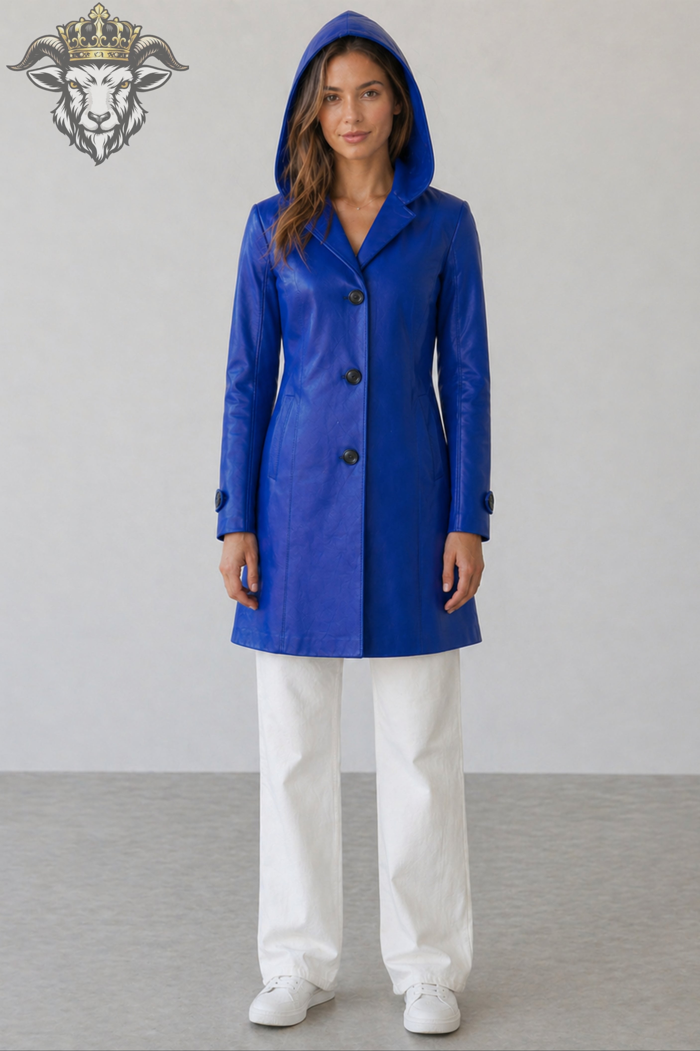 Women’s Royal Blue Real Leather Hooded Coat