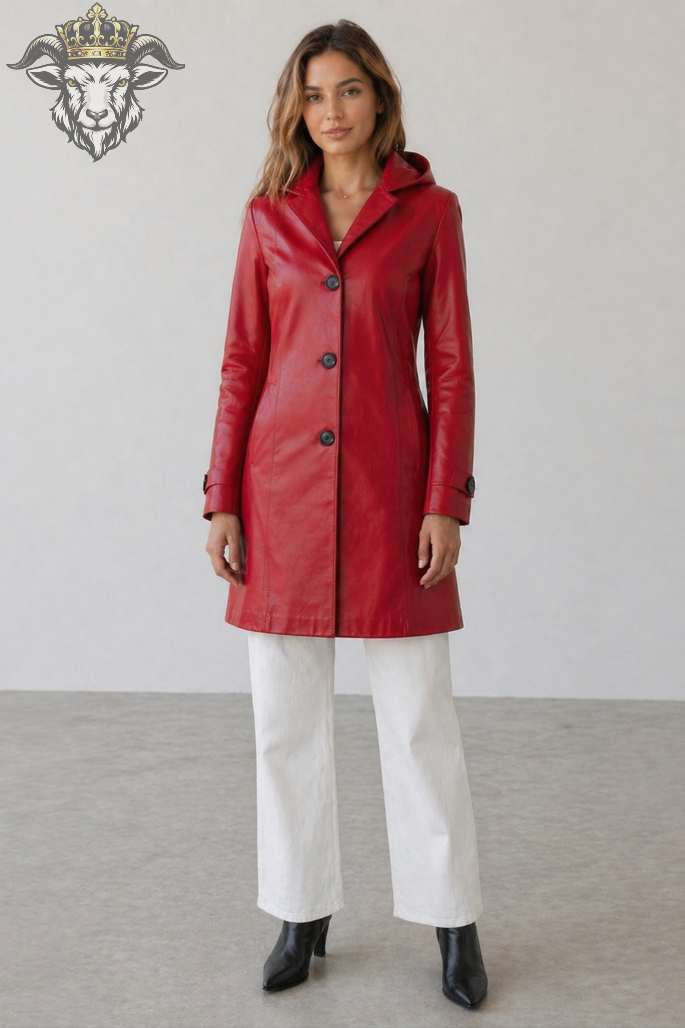 Women’s Red Real Leather Hooded Coat