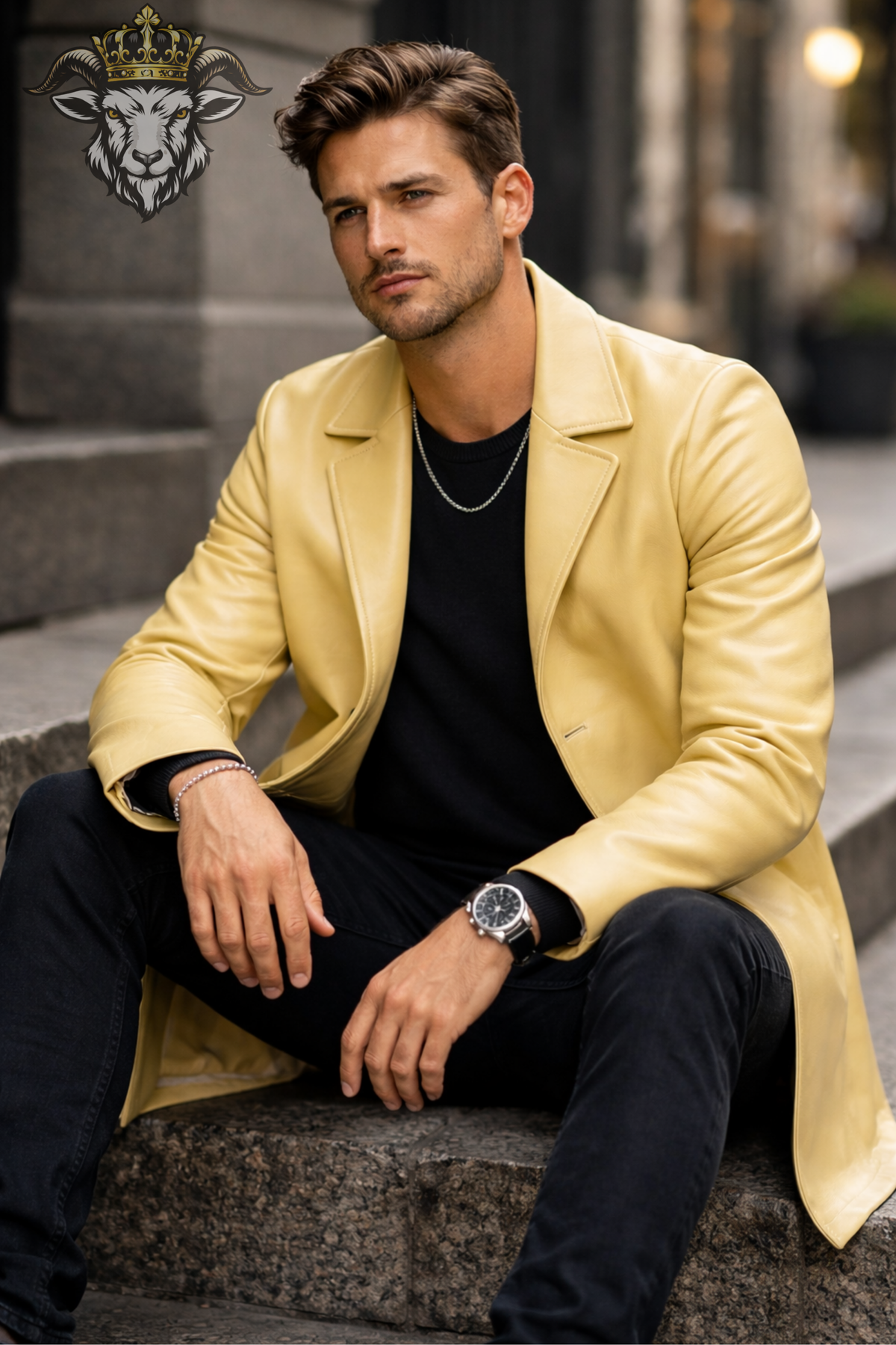 Men's Light Yellow Real Leather Coat, Slim Fit Leather Trench Jacket, Mid-Thigh Lapel Overcoat, Minimalist Luxury Menswear