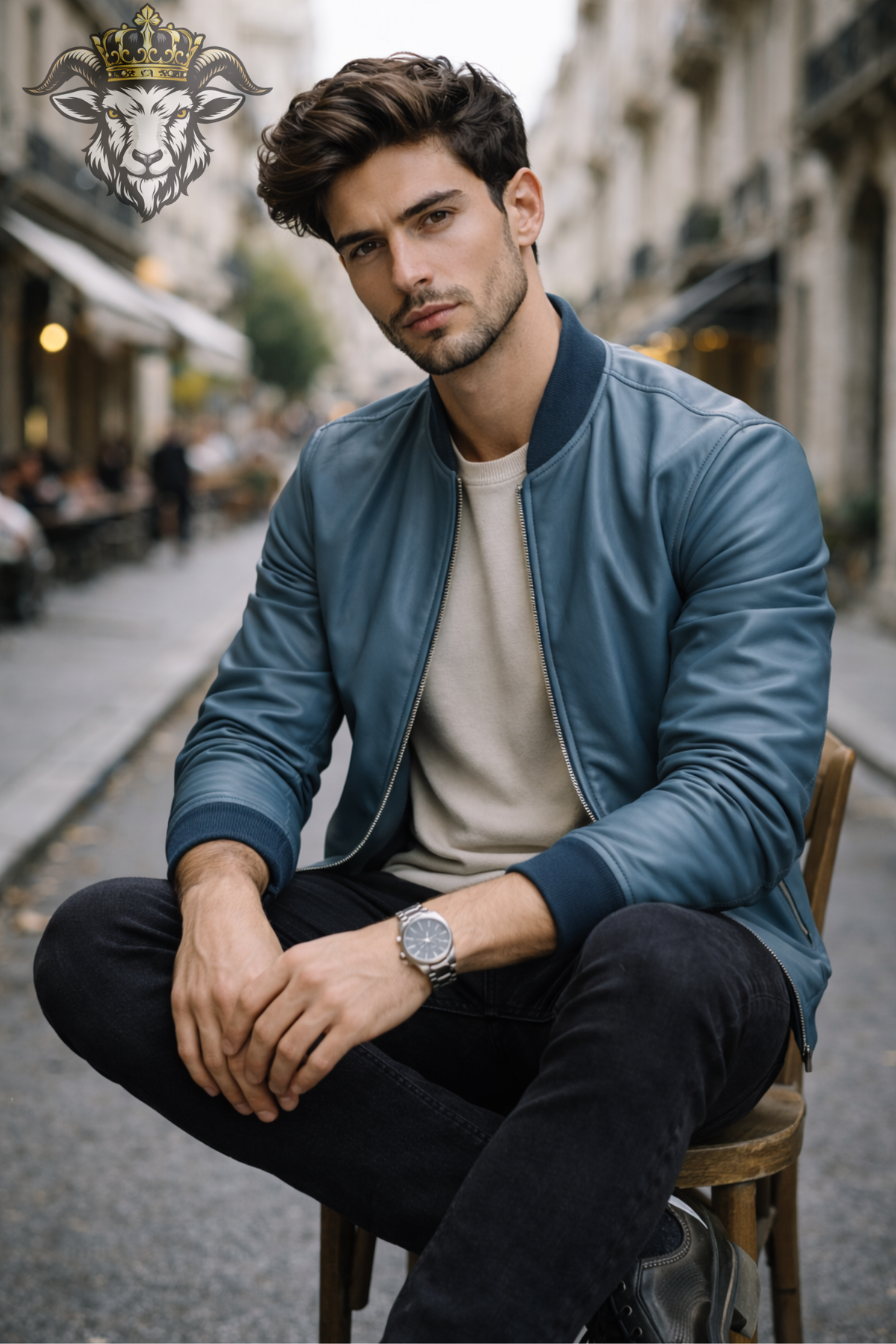 Men's Cyan Leather Bomber Jacket, Slim Fit Zip-Up Jacket, Ribbed Collar Streetwear Outerwear, Modern Casual Moto Jacket