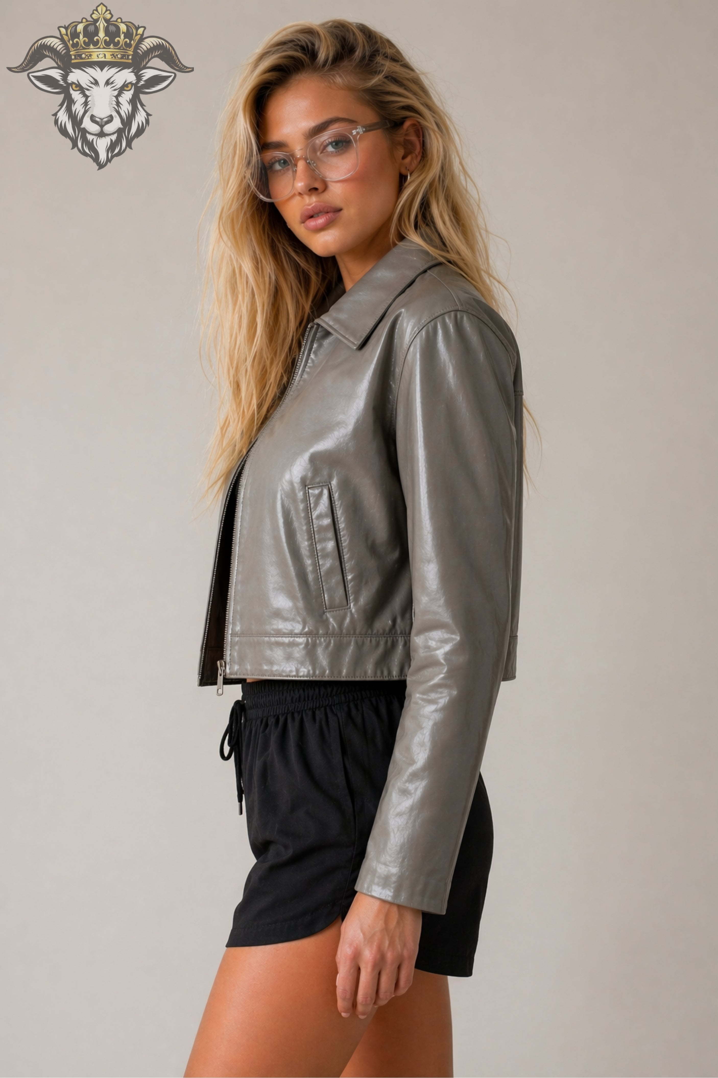 Women’s Light Grey Real Leather Cropped Jacket