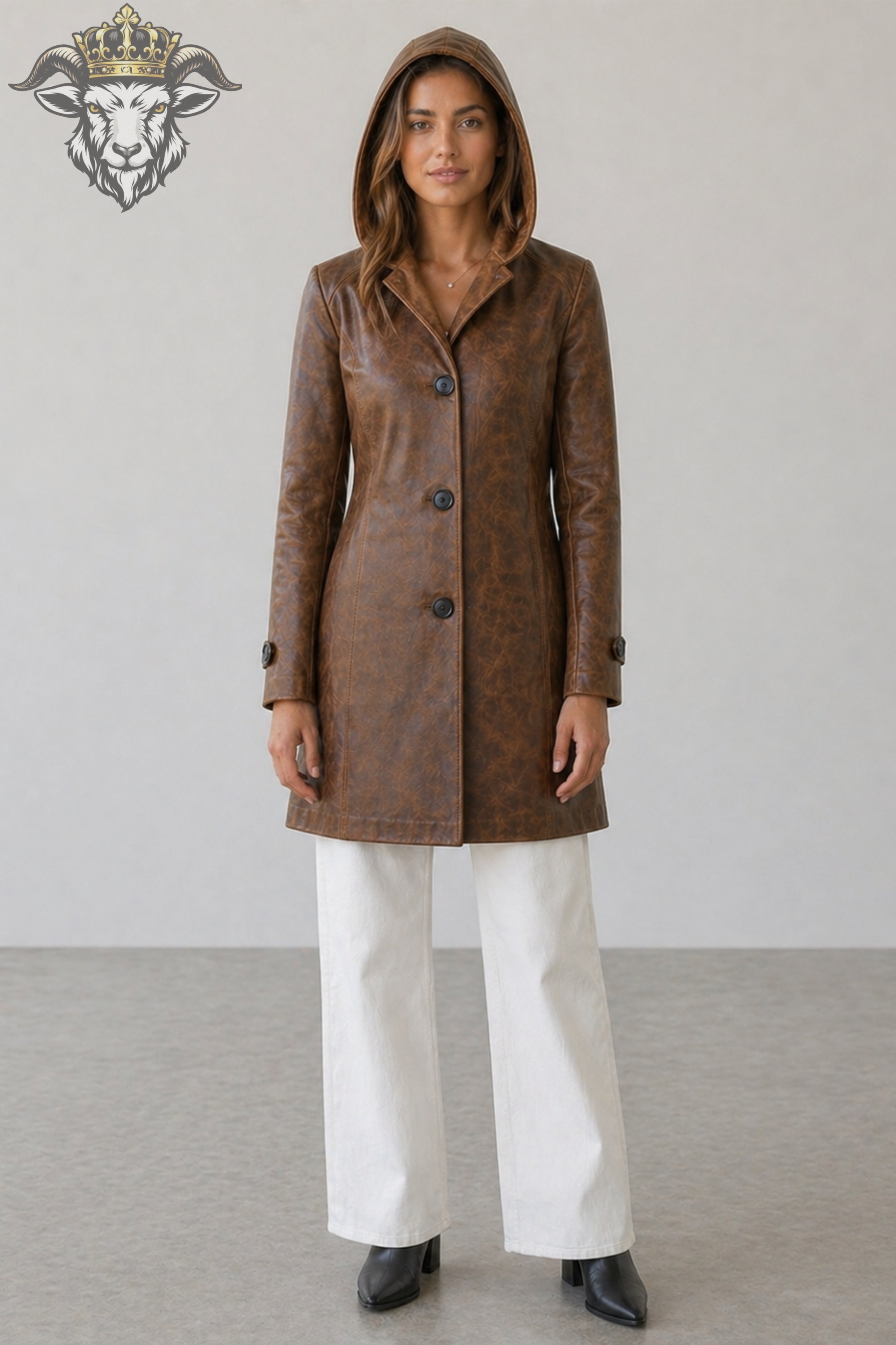 Women’s Distress Brown Real Leather Hooded Coat